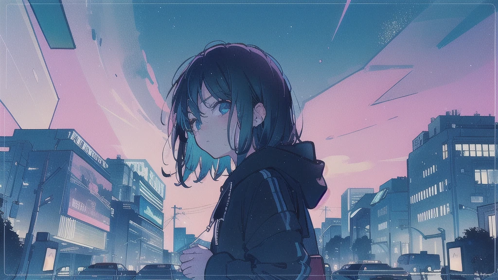 (watercolor), (low contrast), (face, 1 girl, black hair, hoodie, look at viewer), (starry sky, building silhouette)