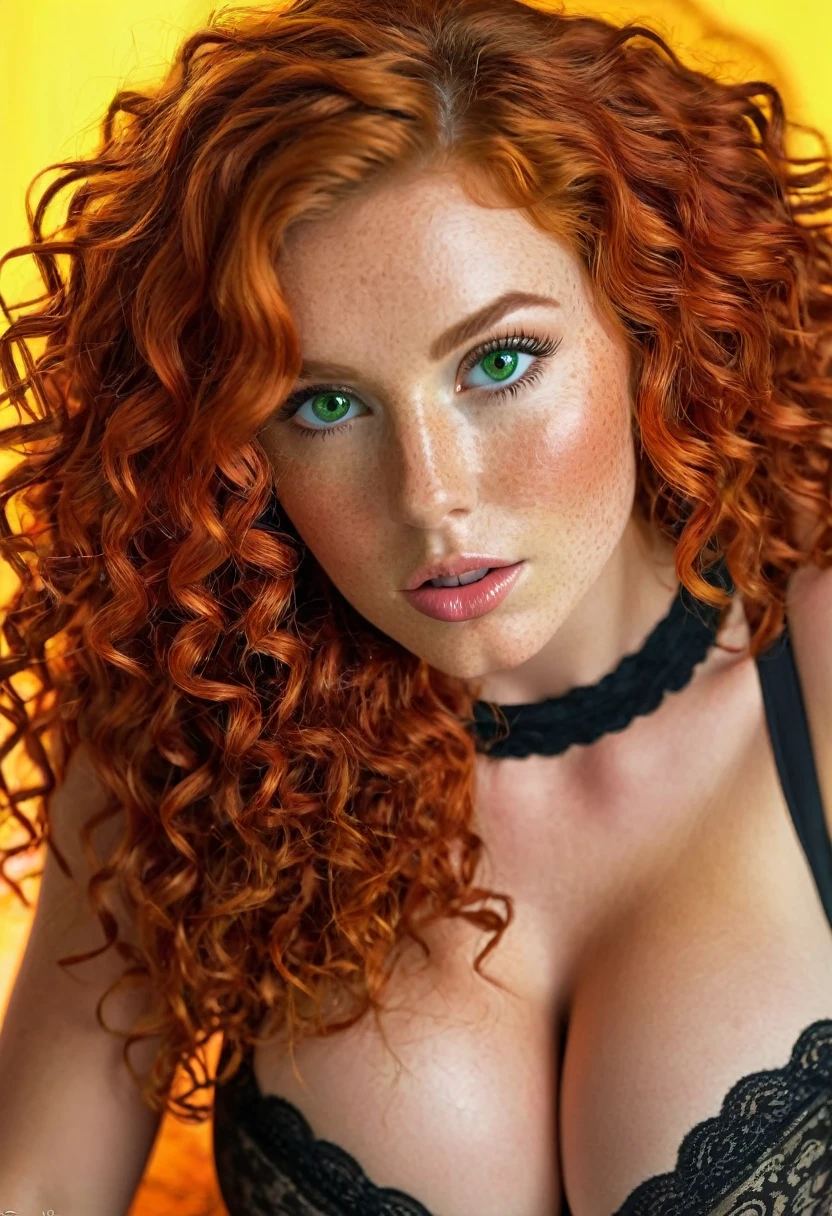 "same face, ultra-realistic, full body, ultra curly red hair, green eyes, detailed facial features, vibrant colors, high-resolution masterpiece, professional lighting, laying over focusing on the big boobies , realistic texture, polished tanned white skin, sensual pose, captivating expression, ultra freckled face, holds-up black stockings,"