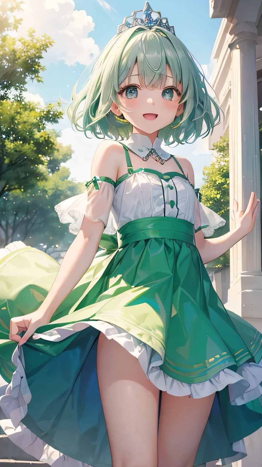 very cute girl、((8-year-old))、Light green hair、short long hair、(Bangs longer than shoulders)、(Beautiful, vibrant and gorgeous dress)、not wearing panties、underless、Silver tiara on head、smile、open your mouth、Skirt swaying in the wind