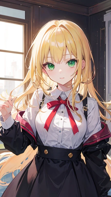 cute anime human girl, blonde hair, green eyes, , ((masterpiece)), ((best quality))