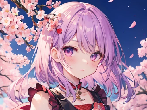 red face、Please open your mouth a little.、beautiful girl、light purple hair、Cherry blossoms at night