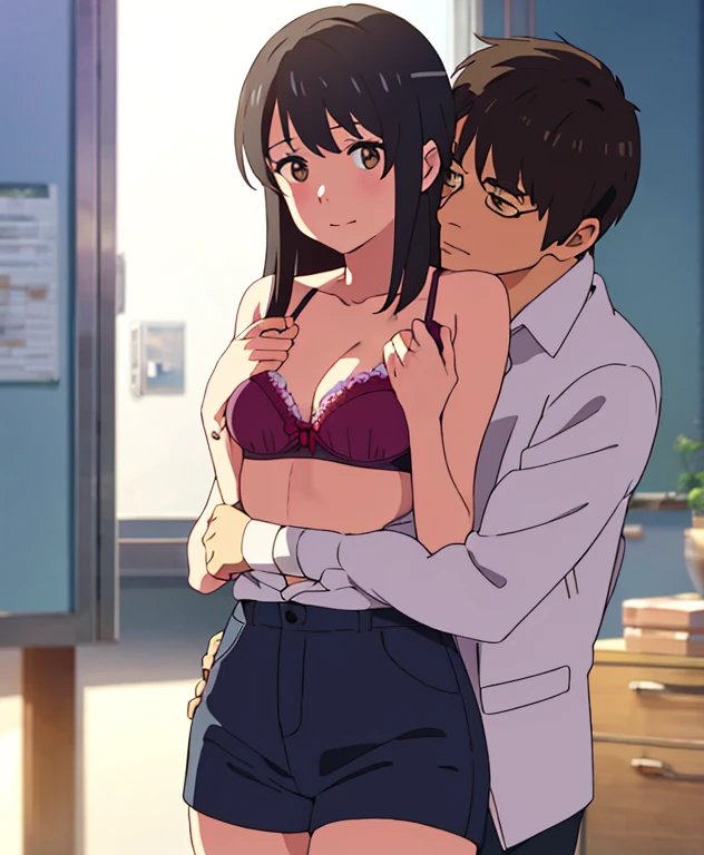 shinkai makoto, kimi no na wa., 1middle age man, wrinkle face, black hair,bangs swept to the right side, office suit, middle aged man caressing girl's body, kiss cheeks, passionate hug, boy is hugging from behind, chestgrope from behind, middle aged man is touchig girl's chest, hold chest, 1girl, bangs, black hair, brown eyes, Twisted Half Up Hair, red ribbon, long hair, yellow collared shirt, open shirt, off shoulders,unbuttoned shirt, pink bra, cleavage, breast, medium breast, blue pants, storage room, indoors, masterpiece, perfect anatomy, cowboyshot