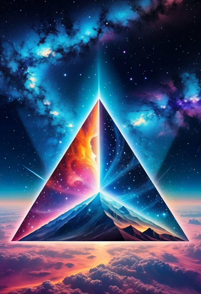 Huge triangle，Magnificent cosmic starry sky background，Intricate illustration in surreal art style，surreal dream，Dubrec style，Transparent geometric shape close-up，（multiple exposure：1.8），