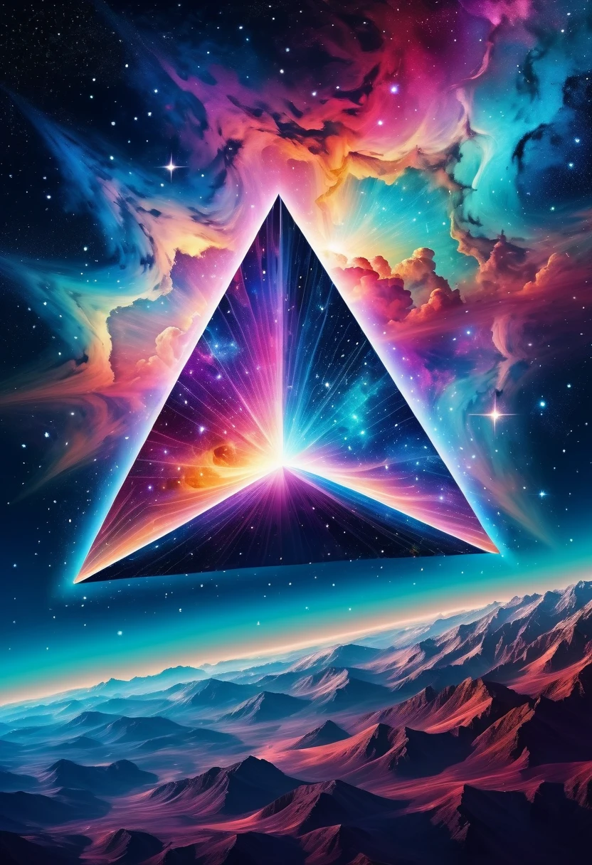 Huge triangle,Magnificent cosmic starry sky background,Intricate illustration in surreal art style,surreal dream,Dubrec style,Transparent geometric shape close-up,(multiple exposure:1.8),