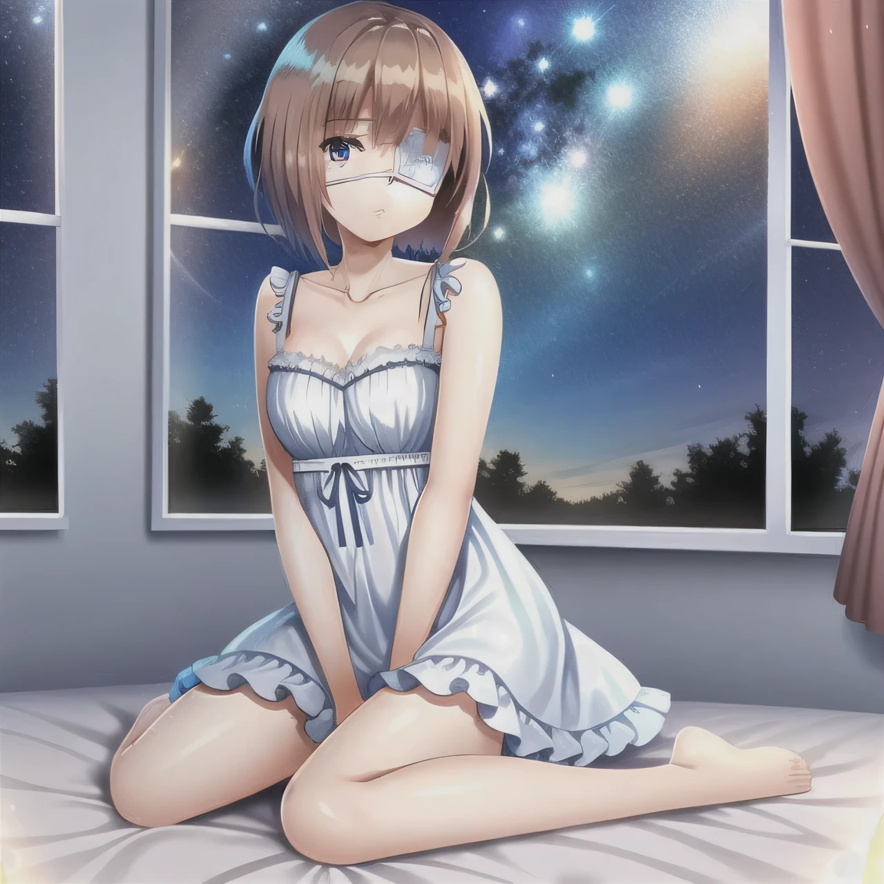 1 girl and (short brown hair) and (blue eyes:1.3) and (medical eyepatch:1.3) (Wariza on bed inside detailed bedroom:1.1) wearing (White frilly cleavage dress:1.0), (full body:1.3), (starry sky and sunset outside windows:1.3), (short hair:1.2), (Wariza:1.2)
{{masterpiece}}, {最high quality, super fine figure}, Dense hair,  beautiful eyes,{very delicate light, perfect and delicate limbs}, { fine luminescence ,very fine 8K cg wallpaper}, an extremely delicate and beautiful girl, (Staring blankly, nice big eyes), Dense and beautiful eyes, (disorganized, incredibly disorganized, figure, Super detailed),
alone, high quality, cg, wallpaper, anime girl,  fine hair, (very fine hair), (beautiful eyes), 
1 girl and (short brown hair:1) and (blue eyes:1) and (medical eyepatch:1.1) (Wariza on bed inside detailed bedroom:1.1) wearing (White frilly cleavage dress:1.0), (full body:1.1), (starry sky and sunset outside windows:1.0), (Wariza:1.4)