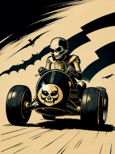 tattoo of a masked skeleton with a bat driving a steamroller style: retro futuristic vintage cartoon speed racer illustration pop art