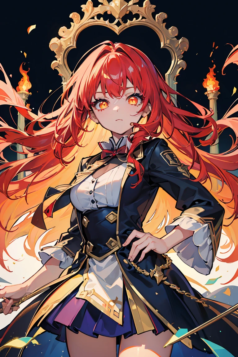 ((1 girl)), (Detailed and clear face) ,cool woman,Rough poses, throne, Queen, King, Large sword, throneに座る, new, victory, royal palace, (cowboy shot),((Super detailed,highest quality, High resolution, 8k wallpaper, 美new服,)),((Fiery red hair, long hair,curly hair)), blown by the wind, eye shadow, eyeliner,Glow eye, reflected lightの美new目, ((Glowing golden eyes)), 18 year old girl,five fingers,eye shadow, eyeliner,Glow eye, girl, romanticism, modern art, Impressionism, reflected light, 8K, masterpiece, advanced details, highest quality, accurate anatomy, five fingers