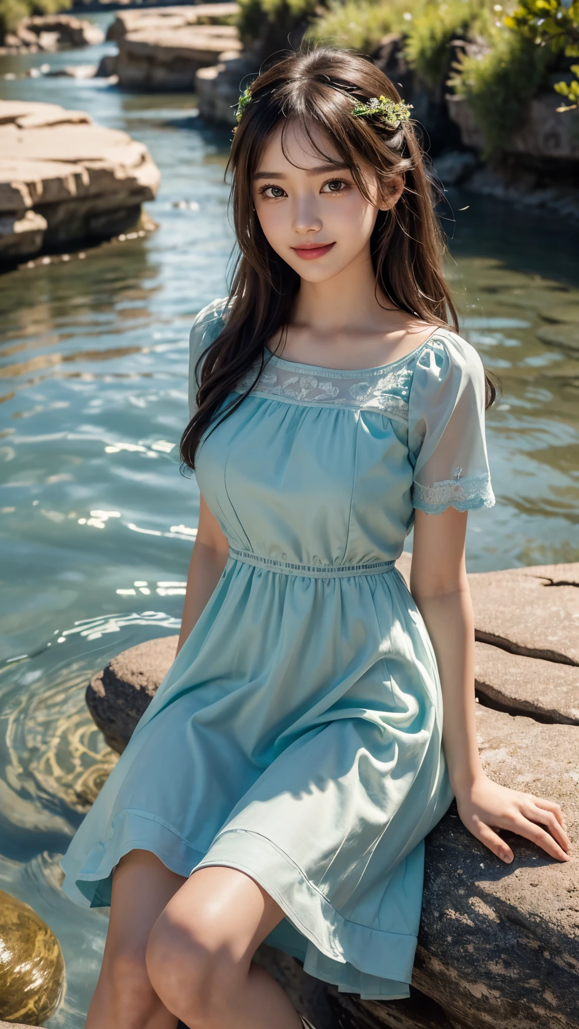 Master piece, CG Unity 8k walpaper, ((Realistic: 1.2)), Ray Tracing, 64k, Beautiful 16 years girl, Korean realistic girl, ((Young perfect slender Girl)), Ultra Realistic, ultra HD, ((Light Green Tulle Vacation Dress)), ((Hollow Out Embroideried Short Sleeve Dress - Light Green)), ((Super round breast under the dress)), ((young breasts)), Young body, perfect shape body, ((romantic looks)), stylish Poses ((Grand Canyon River)), Sitting on Rocks in River, Pure Clean Water in River, ((River has Blue Floting water)), ((Canyon Mountains)), Beautiful smile, ((smile: 1.2)), cactus, ((detailed background)), ((Detailed Dress)), ((Detailed body)), ((detailed skin)), ((realistic lips)), ((realistic smile)), Long Black hair, cinematic lighting, cinematic Photography, High resolution Dress Quality, High resolution picture quality,