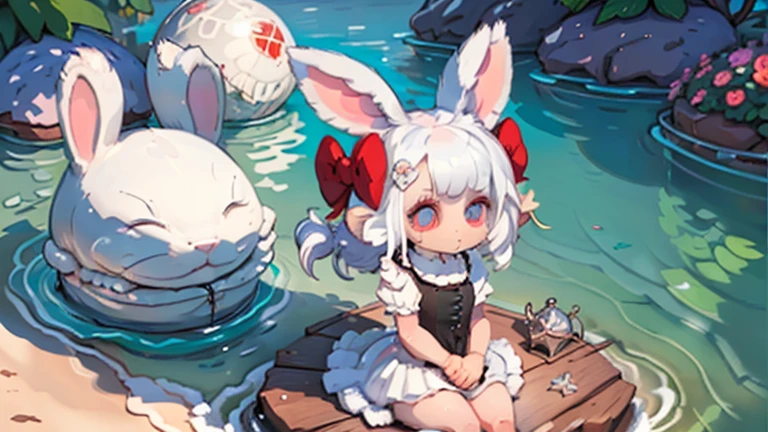 (3D,3D Art)#girl(3D Art:2.0,Chibi,cute,kawaii,,white hair:1.6,long hair:1.6,hair is pony tail,white rabbit ear,white dress,red eyes,big eyes,skin color white,big hairbow,beachball,cute swim wear,short skirt),#background(outdoor,at beautiful seaside:1.4,a mermaid),(3D Art),(white hair,white rabbit ear)
