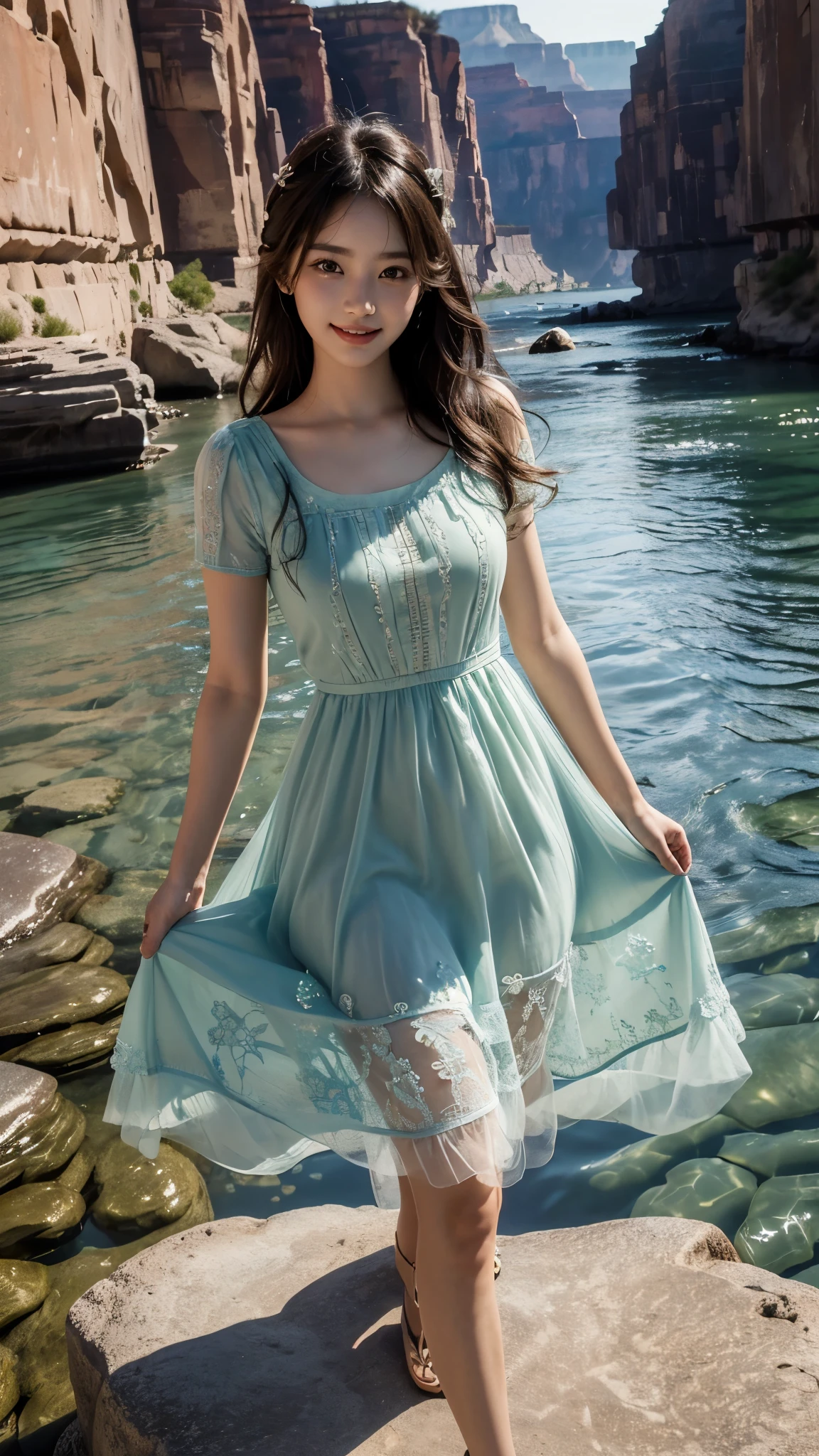 Master piece, CG Unity 8k walpaper, ((Realistic: 1.2)), Ray Tracing, 64k, Beautiful 16 years girl, Korean realistic girl, ((Young perfect slender Girl)), Ultra Realistic, ultra HD, ((Light Green Tulle Vacation Dress)), ((Hollow Out Embroideried Short Sleeve Dress - Light Green)), ((Super round breast under the dress)), ((young breasts)), Young body, perfect shape body, ((romantic looks)), stylish Poses ((Grand Canyon River)), Sitting on Rocks in River, Pure Clean Water in River, ((River has Blue Floting water)), ((Canyon Mountains)), Beautiful smile, ((smile: 1.2)), cactus, ((detailed background)), ((Detailed Dress)), ((Detailed body)), ((detailed skin)), ((realistic lips)), ((realistic smile)), Long Black hair, cinematic lighting, cinematic Photography, High resolution Dress Quality, High resolution picture quality,
