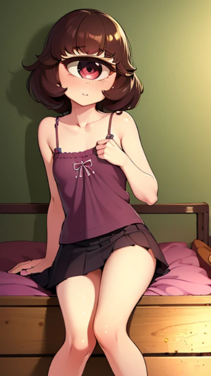 ((masterpiece)),((highest quality)),((anatomical)),((Realistic)),((realistic)),((girl's room)),(((Cyclops Girl))),((beautiful eyes)),(()),((petite)),isole,mini skirt,