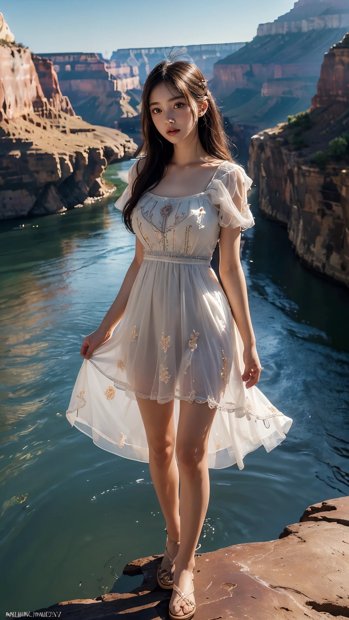 ((Masterpiece 1.4)), CG Unity 8k walpaper, ((Realistic: 1.2)), Ray Tracing, 64k, Beautiful girl, Korean realistic girl, ((Young perfect slender Girl)), Ultra Realistic, ultra HD, ((Yellow Tulle Vacation Dress)), ((Hollow Out Embroidered Short Sleeve Dress - Peach colour)), ((Super round breast under the dress)), ((young breasts)), Young body, perfect shape body, ((romantic looks)), stylish Poses ((Grand Canyon River)), Standing in River Water, Pure Clean Water in River, ((River has Blue Floting water)), ((Canyon Mountains)), Slightly open mouth, cactus, ((detailed background)), ((Detailed Dress)), ((Detailed body)), ((detailed skin)), ((realistic lips)), Long Black hair, cinematic lighting, cinematic Photography, High resolution Dress Quality, High resolution picture quality,