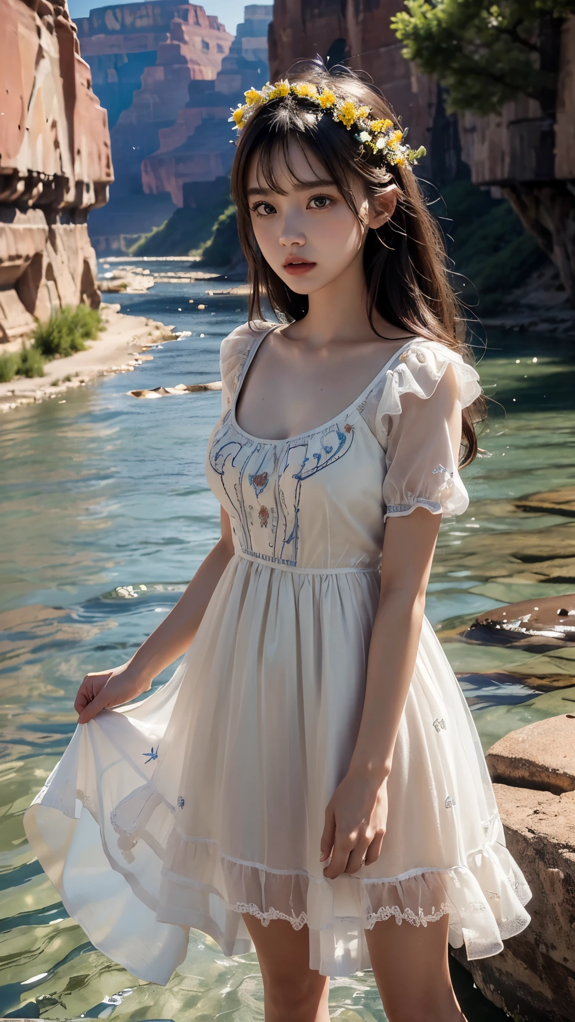 ((Masterpiece 1.4)), CG Unity 8k walpaper, ((Realistic: 1.2)), Ray Tracing, 64k, Beautiful 16 years girl, Korean realistic girl, ((Young perfect slender Girl)), Ultra Realistic, ultra HD, ((Yellow Tulle Vacation Dress)), ((Hollow Out Embroidered Short Sleeve Dress - Peach colour)), ((Super round breast under the dress)), ((young breasts)), Young body, perfect shape body, ((romantic looks)), stylish Poses ((Grand Canyon River)), Standing in River Water, Pure Clean Water in River, ((River has Blue Floting water)), ((Canyon Mountains)), Slightly open mouth, cactus, ((detailed background)), ((Detailed Dress)), ((Detailed body)), ((detailed skin)), ((realistic lips)), Long Black hair, cinematic lighting, cinematic Photography, High resolution Dress Quality, High resolution picture quality,