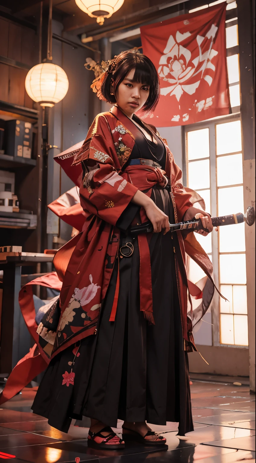 full-body shoot photography, Cyberpunk style. an Indonesian woman with a round face, short hair, 20 years old, flat face, wearing a kimono. carrying a sword. Japanese cyberpunk night background. hyperrealistic photography, RAW, cinematic style, turned to the camera