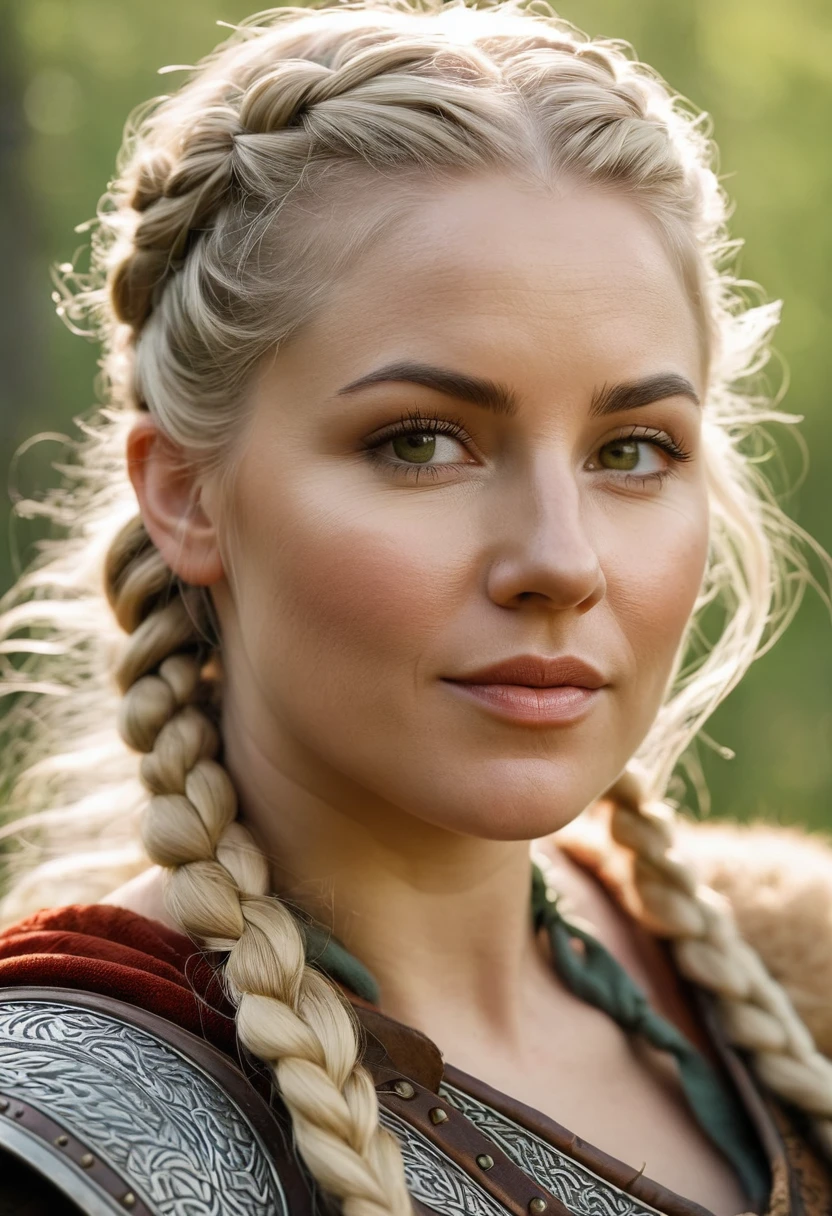 best quality,4k,8k,highres,masterpiece:1.2),ultra-detailed,(realistic,photorealistic,photo-realistic:1.37),portrait, (viking woman), scandinavian, 35 years old,chubby, "Ingrid Mueller" (light blonde hair braids), birch forest, natural lighting, soft shadows,green color palette, relaxed expression, braided hair,, gentle smile, peaceful atmosphere, spring leaves,fine art,close-up of face and upper body, , natural body, natural pose, (medieval viking clothing), subtle wind blowing, serene mood, harmonious background, high resolution,detailed eyes, rosy cheeks, happy demeanor