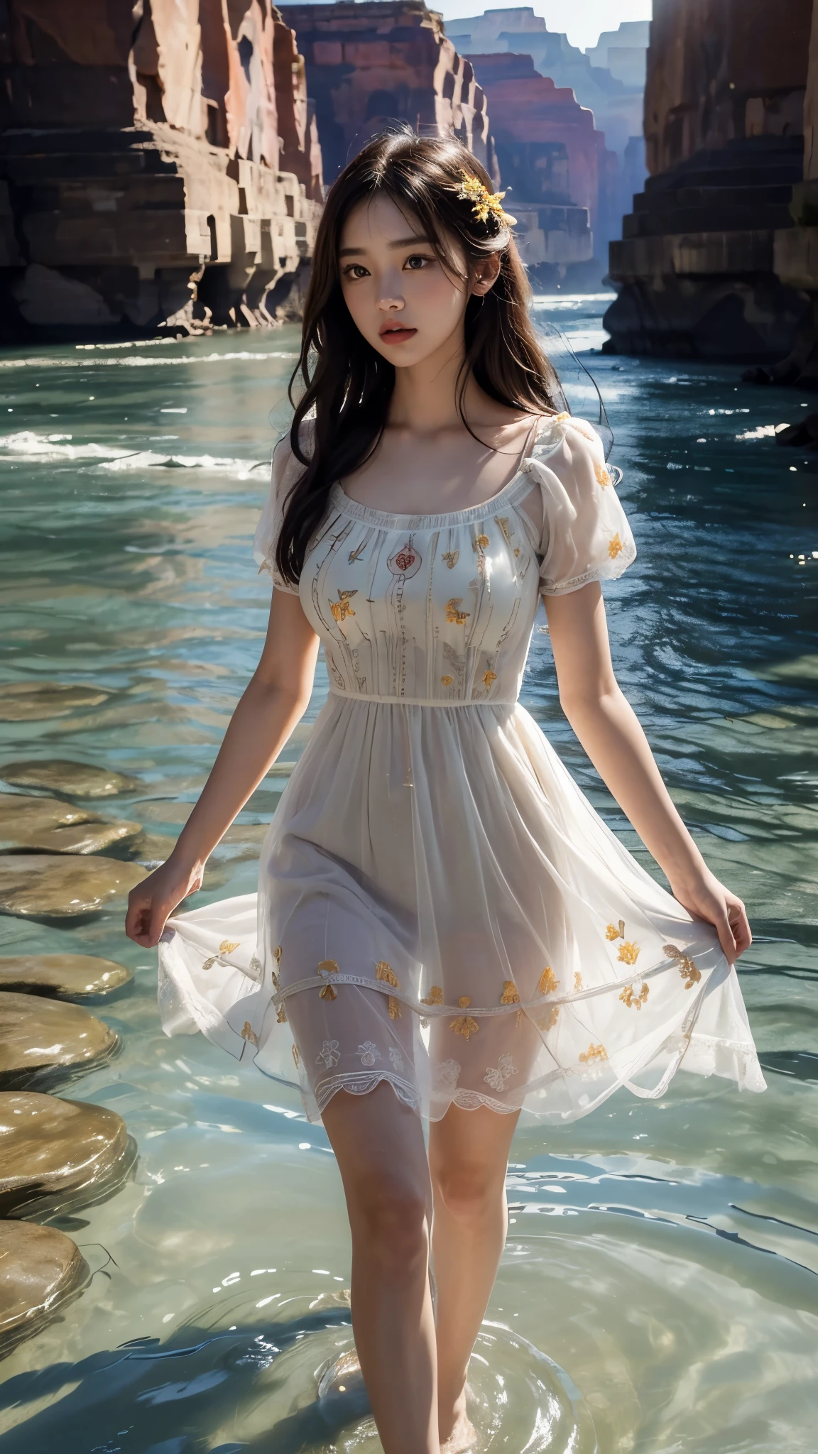 ((Masterpiece 1.4)), CG Unity 8k walpaper, ((Realistic: 1.2)), Ray Tracing, 64k, Beautiful 16 years girl, Korean realistic girl, ((Young perfect slender Girl)), Ultra Realistic, ultra HD, ((Yellow Tulle Vacation Dress)), ((Hollow Out Embroidered Short Sleeve Dress - Peach colour)), ((Super round breast under the dress)), ((young breasts)), Young body, perfect shape body, ((romantic looks)), stylish Poses ((Grand Canyon River)), Standing in River Water, Pure Clean Water in River, ((River has Blue Floting water)), ((Canyon Mountains)), Slightly open mouth, cactus, ((detailed background)), ((Detailed Dress)), ((Detailed body)), ((detailed skin)), ((realistic lips)), Long Black hair, cinematic lighting, cinematic Photography, High resolution Dress Quality, High resolution picture quality,
