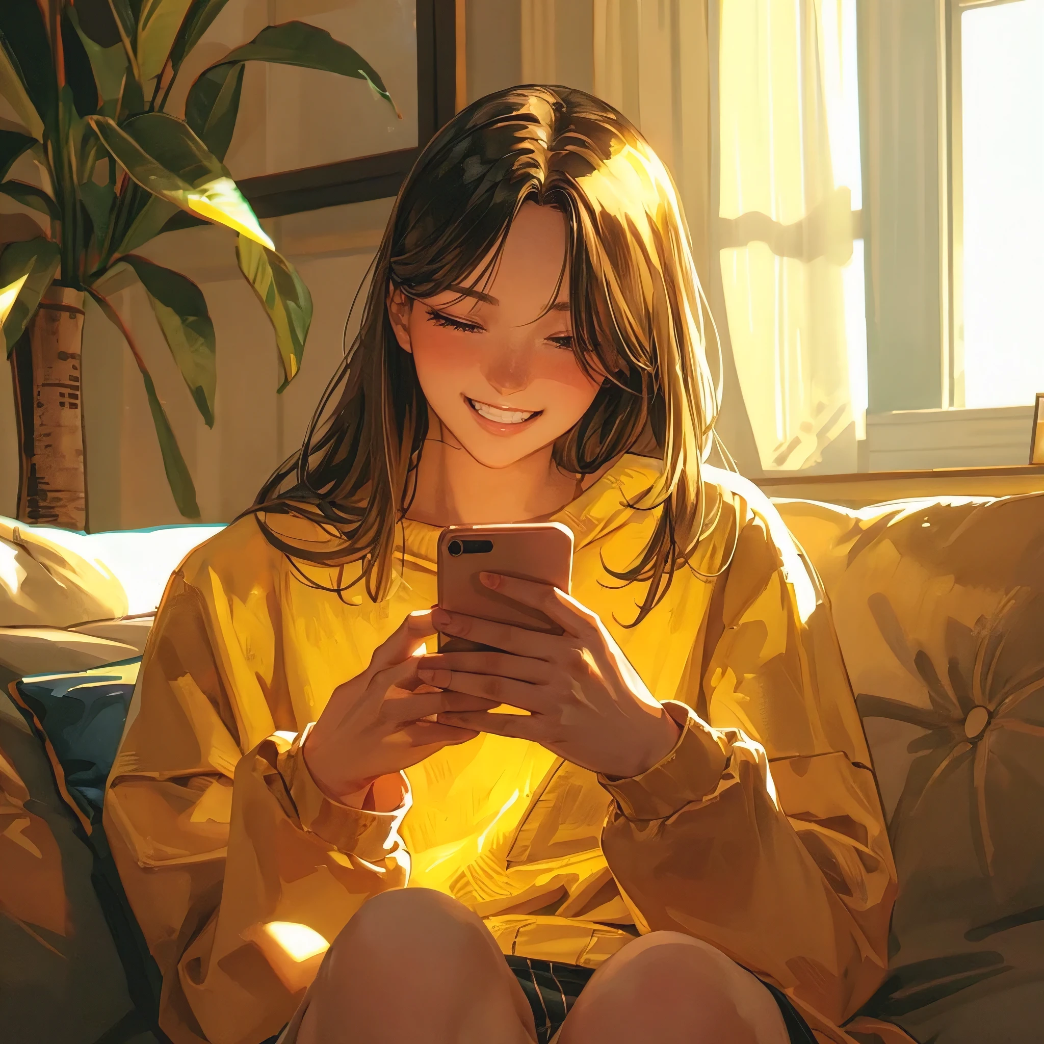 (best quality, masterpiece:1.2), 1woman, smiling, holding phone, playing mobile game, quiet room, focused, serene atmosphere, mobile gaming, concentration, peaceful, cozy, leisurely, content, digital entertainment, comfort, tranquility. Style: anime style 2D