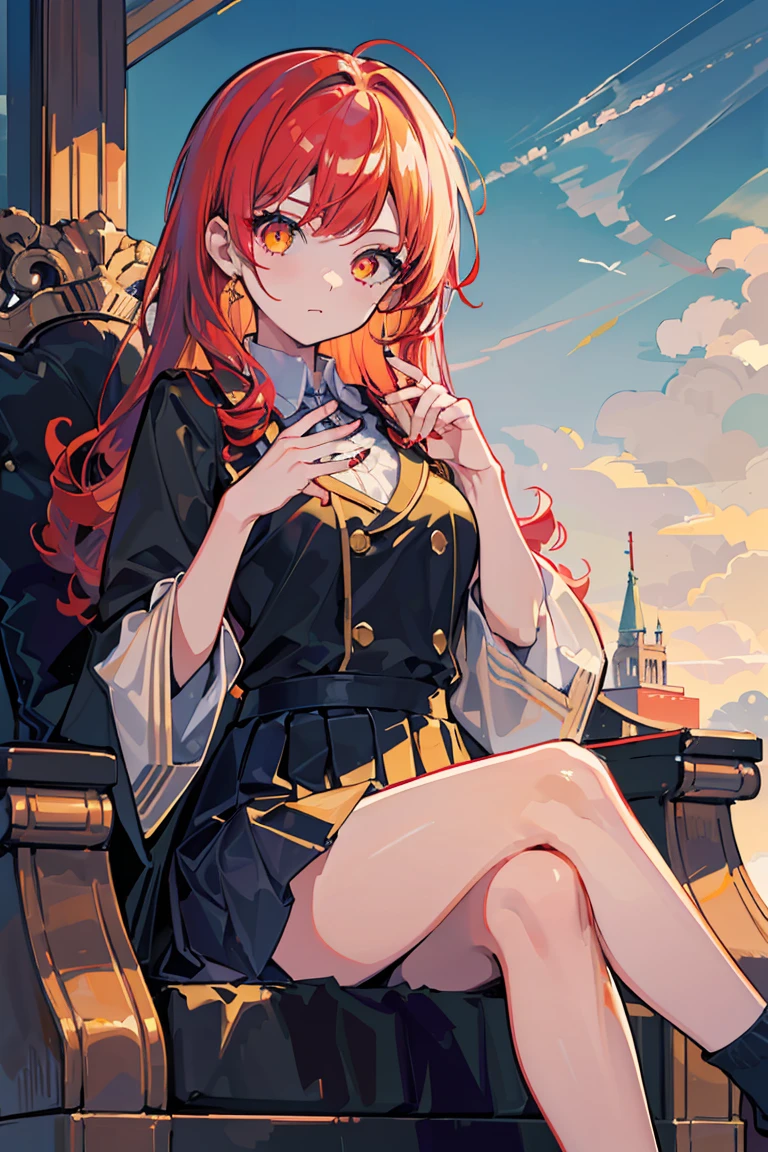((1 girl)), (Detailed and clear face) ,cool woman,Rough poses, throne,(sit), Queen, King, Large sword, cross your legs, new, victory, royal palace, (cowboy shot),((Super detailed,highest quality, High resolution, 8k wallpaper, 美new服,)),((Fiery red hair, long hair,curly hair)), blown by the wind, eye shadow, eyeliner,Glow eye, reflected lightの美new目, ((Glowing golden eyes)), 18 year old girl,five fingers,eye shadow, eyeliner,Glow eye, 16 year old girl, romanticism, modern art, Impressionism, reflected light, 8K, masterpiece, advanced details, highest quality, accurate anatomy, five fingers