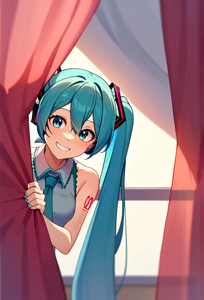 score_9_up score_8_up score_7_up, 1girl hatsune miku, peeking out, curtains, smile
