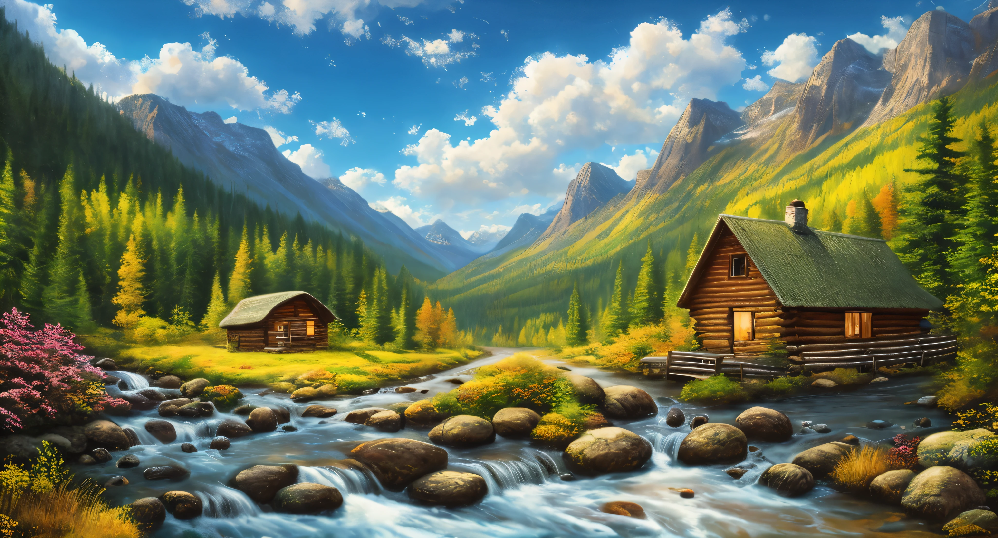 painting of a cabin in a mountain valley with a stream running through it, beautiful art uhd 4 k, background artwork, detailed painting 4 k, 8k high quality detailed art, 4k highly detailed digital art, scenery art detailed, 4 k hd wallpaper illustration, landscape wallpaper, amazing wallpaper, dream scenery art, scenery wallpaper, 4 k hd wallpaper very detailed