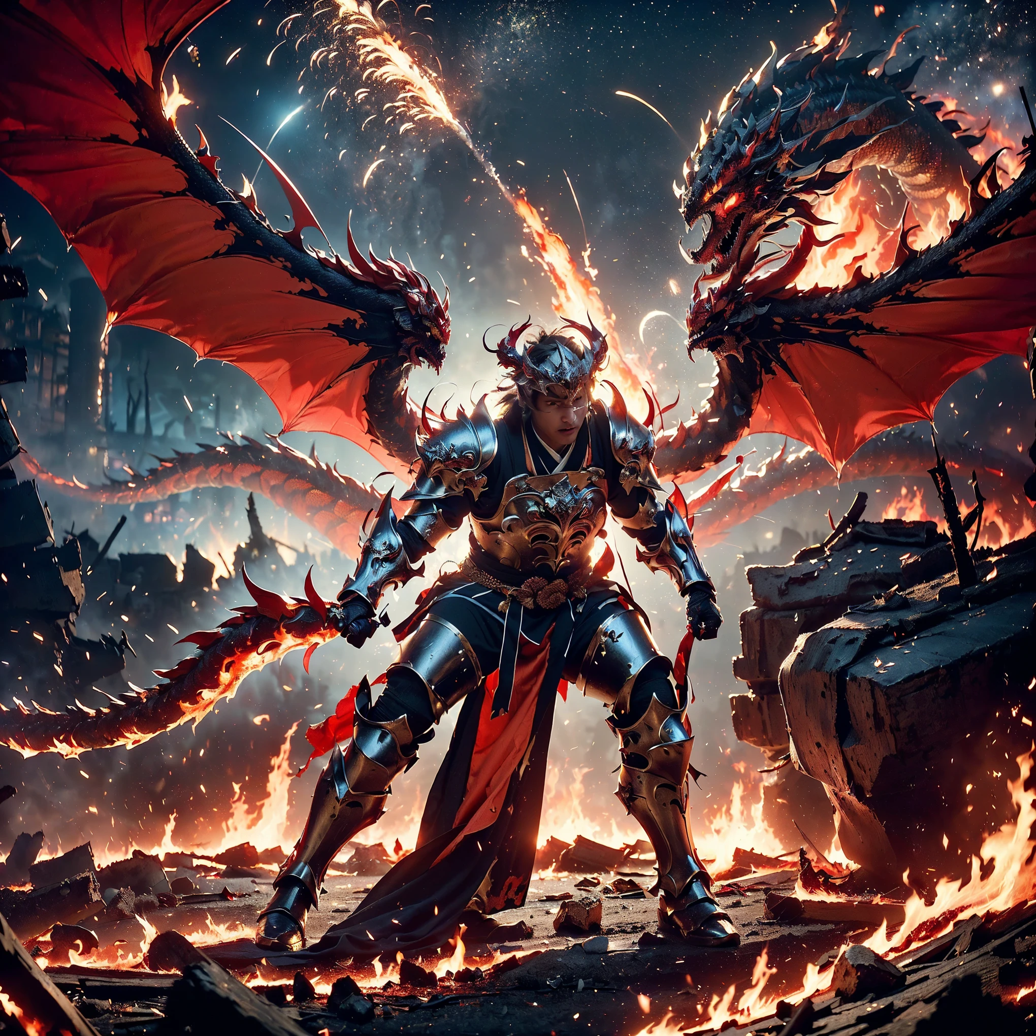 (((Realistic, masterpiece, best quality, crisp detail, high definition, high detail, very rich detail, sharp focus, sharp detail, colorful, rich color, perfect studio lightning))), ((20 years old, beautiful goddes of destructions, red hair)),(((in the middle of war, epic war scene, offensive stance))), wearing (((beautiful decorated golden heavy armor, fire dragon armor, decorated full body armor, fully armored beautiful kimono, wide fire wings))), (holding giant fire), (((blood everywhere, death everywhere, japan bakumatsu period, dead bodies, fire demons, burnt japanese castle, fire dragons, kaiju,meteor shower, red aurora)) flooded by molten lava traditional village background), heavy fire rain,
