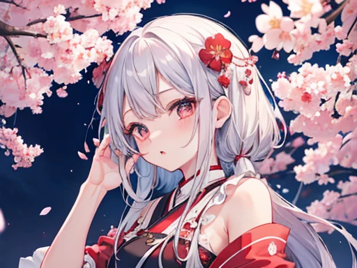 red face、Please open your mouth a little.、beautiful girl、silver hair、whole body、Cherry blossoms at night