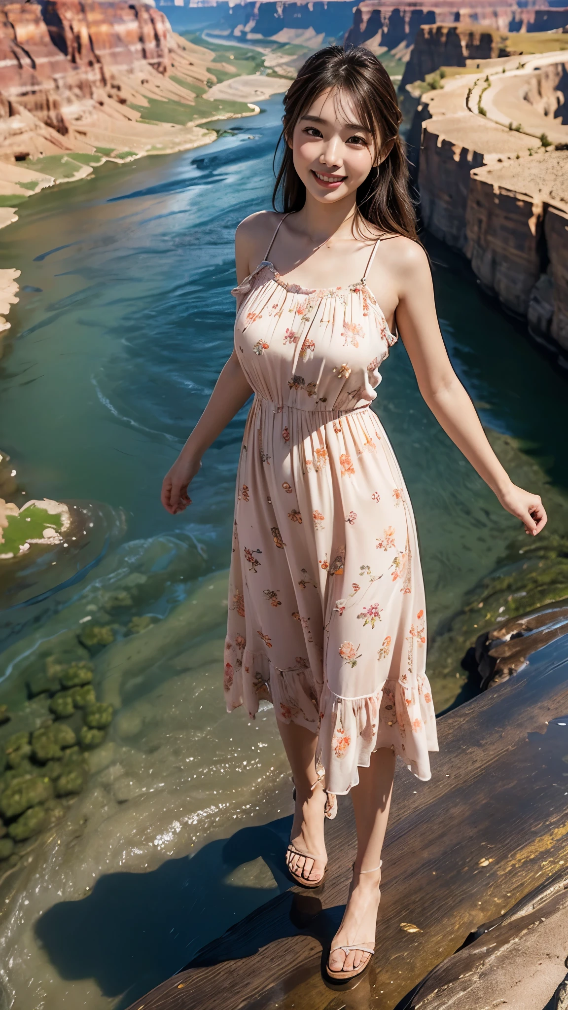 Master piece, CG Unity 8k walpaper, ((Realistic)), Ray Tracing, Beautiful 16 years girl, Korean realistic girl, Ultra Realistic, ultra HD, ((peach colour Sundress dress)), (floral Dress)), ((Grand Canyon River)), Standing beside River, River has Floting water, Canyon Mountains, Beautiful smile, ((smile)), cactus,