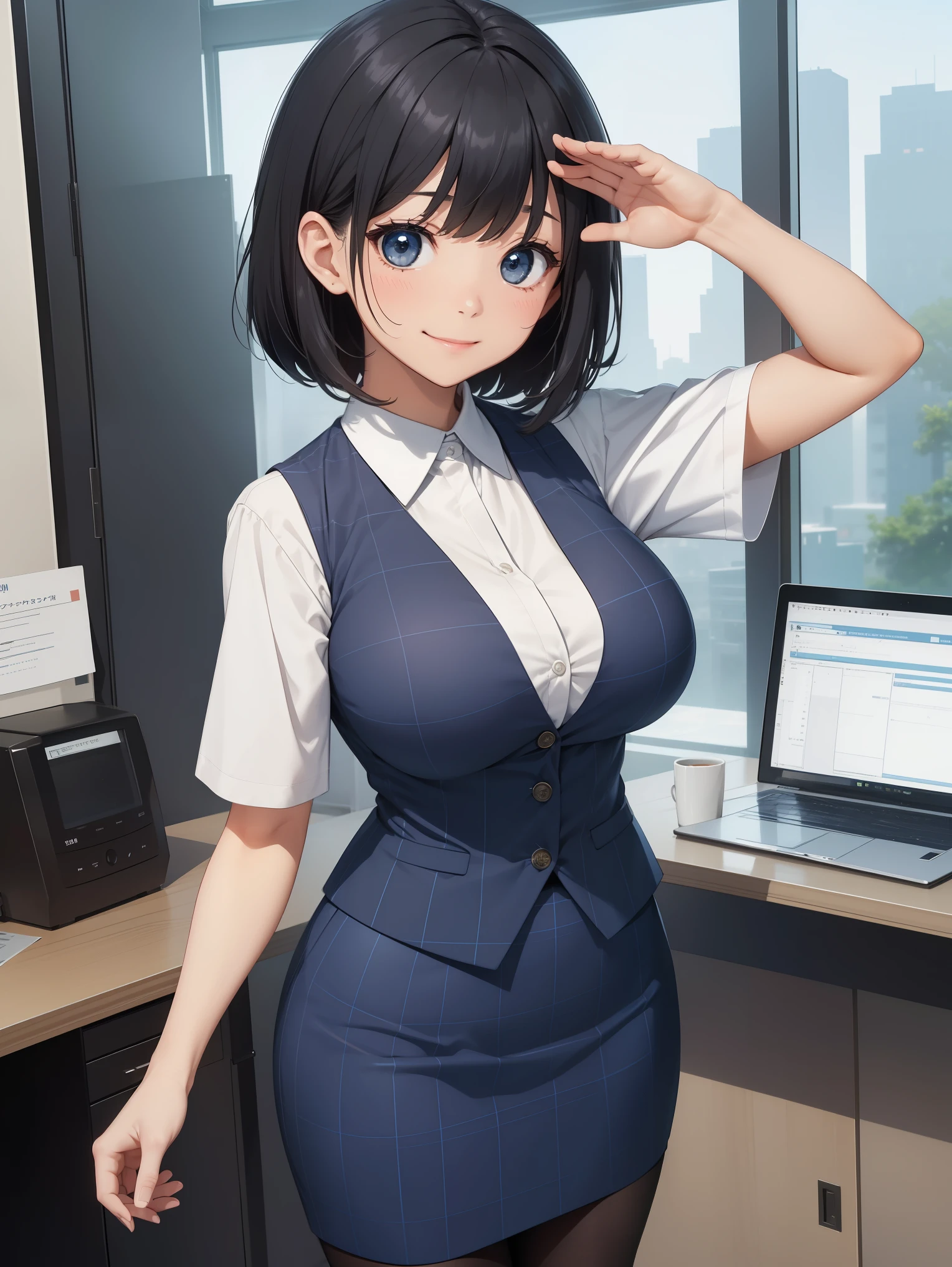 highest quality, debris flies、Beautiful woman、officeレディー、black hair、(black eye、dull bangs)、short hair、チェック柄のダークブルーのofficeスーツ)、new employee,whole bodyショット、Female office lady、break(checkered dark blue vest、white cutter shirt、Navy blue long tight pencil skirt:1.2)、(black tights、high heels)、break(office:1.3)、(((whole body)))、(((Standing position:1.2)))、(((big breasts)))、BREAK(((evening、Landscape)))、(((Smile and salute)))