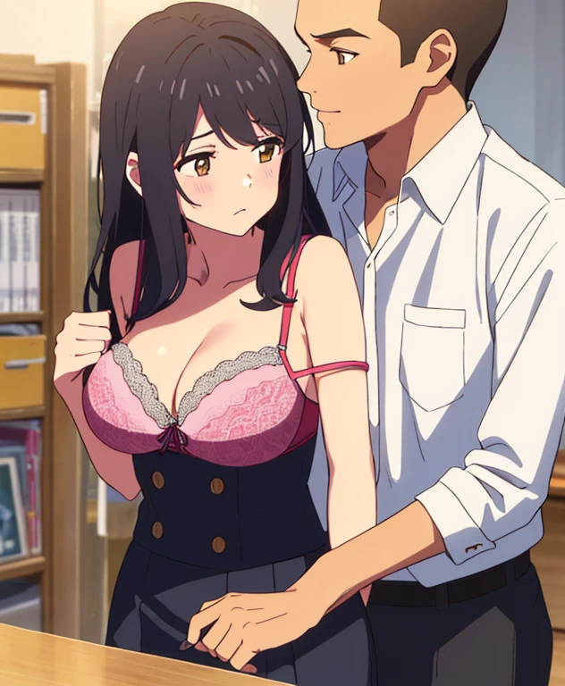 shinkai makoto, kimi no na wa., 1boy, buzzcut,office suit, boy caressing girl's body, kiss cheeks, passionate hug, boy is hugging from behind, breast groping from behind, 1girl, bangs, black hair, brown eyes, Twisted Half Up, red ribbon, long hair, yellow blouse, open shirt, unbuttoned shirt, pink bra, cleavage, breast, medium breast, long gray skirt, storage room, indoors, masterpiece, perfect anatomy, cowboyshot