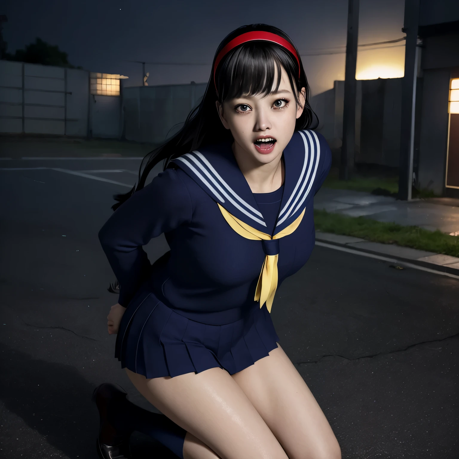 ((Sad、shed tears))、((sweaty、dye one's cheeks red、Sweat-soaked skin))、(8K, highest quality, masterpiece:1.2), (realistic, photo-realistic:1.37), Super detailed,highest quality, ultra high resolution, professional lighting, photon mapping, radio city, Physically based rendering, cinematic lighting, late night path,written boundary depth, sharp focus,moonlight, Good composition,1 girl,alone,(whole body), (close your mouth),fine and beautiful eyes,((red eyes、Sharp and long double teeth))、 temporarily stop, tight waist,Japanese high school girl, black hair,messy hair,long hair fluttering in the wind,((Sailor suit for high school girls、navy blue socks))、(Ulzzang-6500:1.2)、 mix 4,