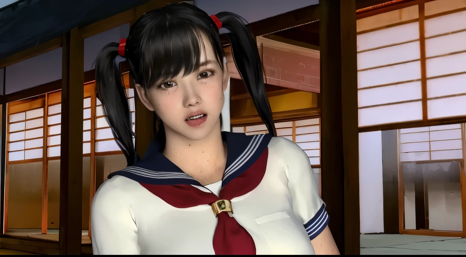 ((I'm sad、shed tears))、((sweaty、dye one's cheeks red、Sweat-soaked skin))、(8K, highest quality, masterpiece:1.2), (realistic, photo-realistic:1.37), Super detailed,highest quality, ultra high resolution, professional lighting, photon mapping, radio city, Physically based rendering, cinematic lighting, late night path,written boundary depth, sharp focus,moonlight, good composition,1 girl,alone,(whole body), (open your mouth),fine and beautiful eyes,((red eyes、Sharp and long double teeth))、 temporarily stop, tight waist,Japanese high school girl, black hair,messy hair,long hair fluttering in the wind,((Sailor suit for high school girls、navy blue socks))、(Ulzzang-6500:1.2)、 mix 4,