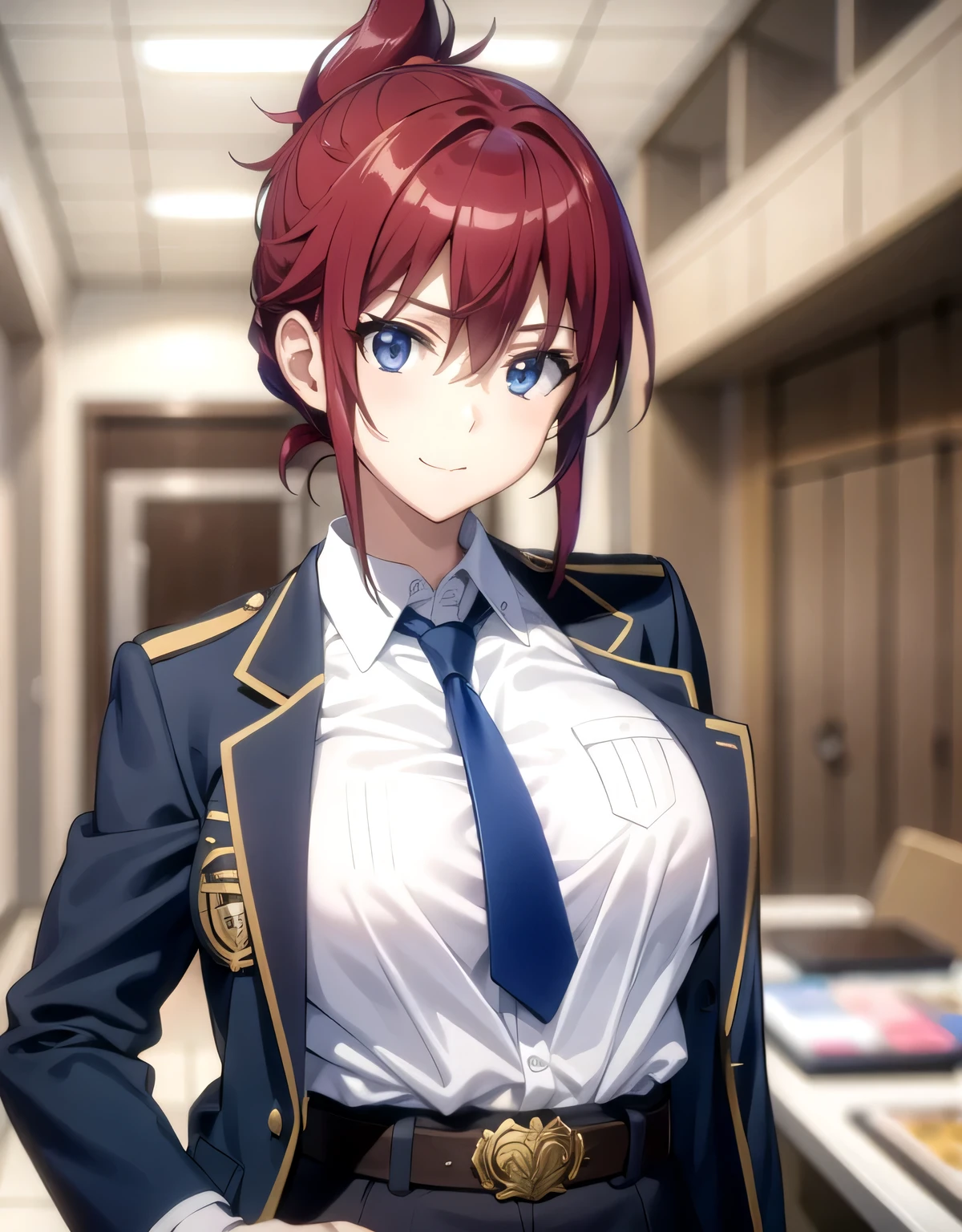 sakurai aoi rw,smile,(blue eyes),red hair,medium hair,folded ponytail,(open clothes:1.2),police uniform,blue jacket,collared shirt,green necktie,pencil skirt,blue skirt,belt,indoor arena,(large breasts:1.5),(shiny,hair),((solo)),((masterpiece)),((best quality)),perfect anatomy,slim waist,perfect image,8k UHD,(beautiful detailed eyes:1.5),extremely detailed face,standing,(upper body:1.1),(look at the front:1.3),arms behindback,ultra-detailed,absurdres,highres,