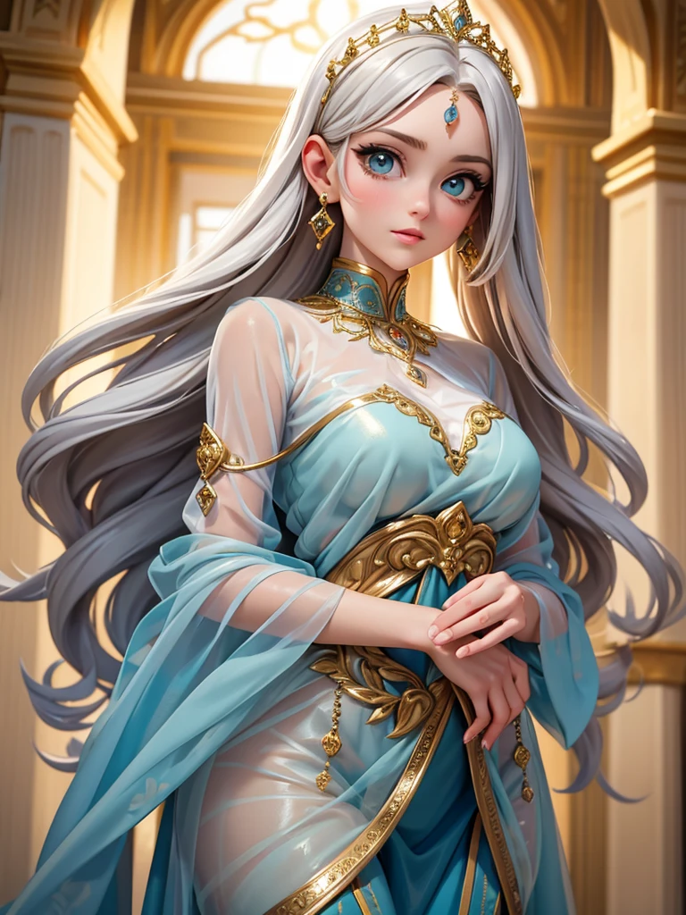 (best quality, high resolution, masterpiece:1.2), Super detailed, Beautiful and delicate lake green eyes, Beautiful and delicate lips, extremely detailed face, super long hair, 1 girl, royal members, Beautiful girl with golden beige hair, (Wearing a royal blue royal costume), see-through chiffon platinum shawl, (gold ornaments), golden and silver pattern, (light blue pattern), (complex pattern:0.5), Lovely, attractive, portrait, delicate eyes, Luminous earrings, Reflective pupil, royal clothing design, see-through detail clothing design, (empty:0.7), chiffon, (see-through chiffon), (lace:0.7), black gloves, Diamond choker, Diamond ring, Diamond hairpin, medieval european castle, Super high quality skin, Real skin texture, super high detail, anime, Realism, 8K, UHD, ccurate