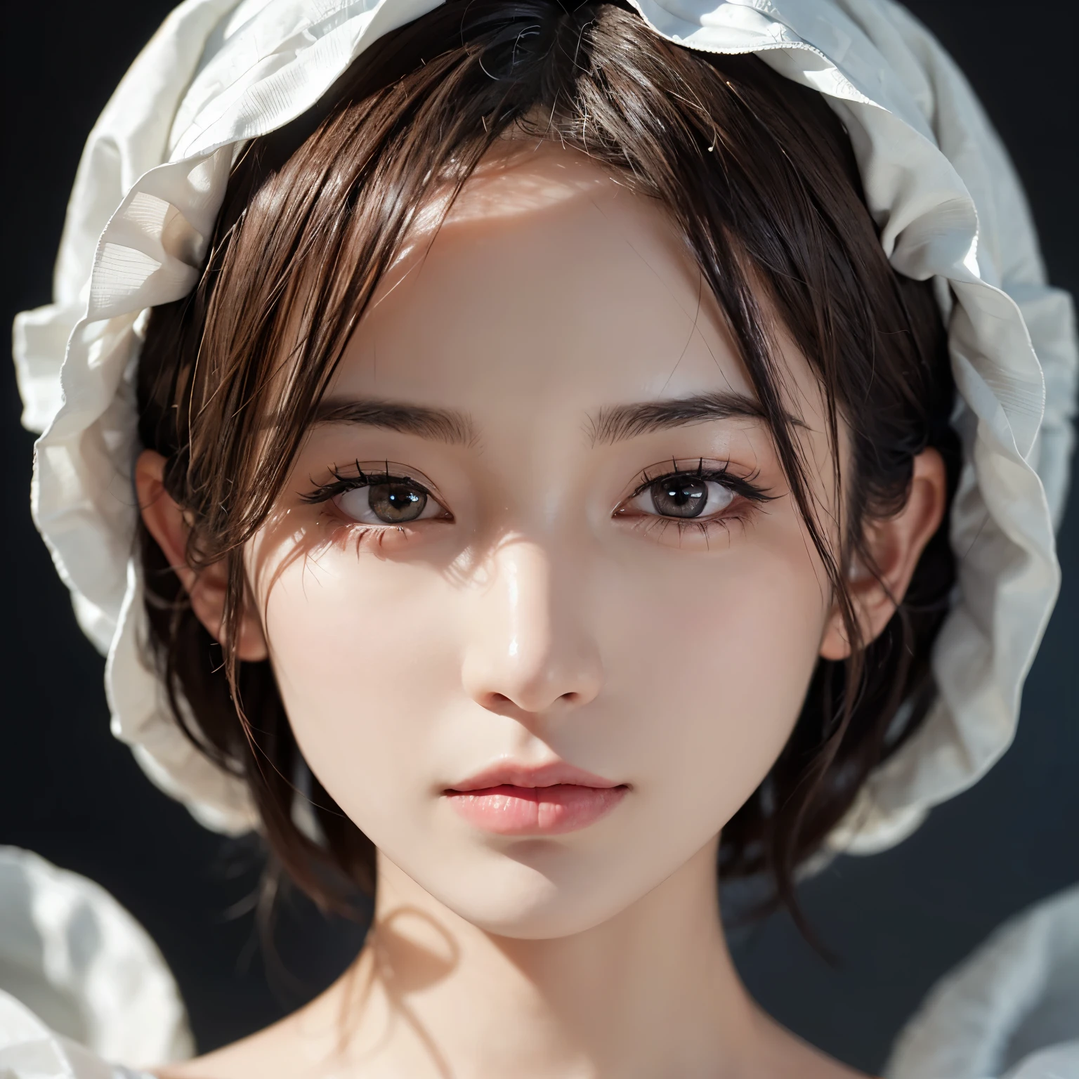 (highest quality masterpiece: 1.2), ultra high resolution, (realistic front light: 1.1), intricate details and textures,
One young girl, alone, (looking directly at the viewer: 1.3),
Facial highlights emphasizing her delicate features, (detailed upper body: 1.4),
(A beautifully detailed face: 1.5), with a Tear's mole beneath her left eye,
White skin glowing under the light, short hair cascading down her shoulders,
Large, expressive eyes full of emotion,
Wearing a silk robe with a hollow pattern, white in color,
Accessories include elegant ear