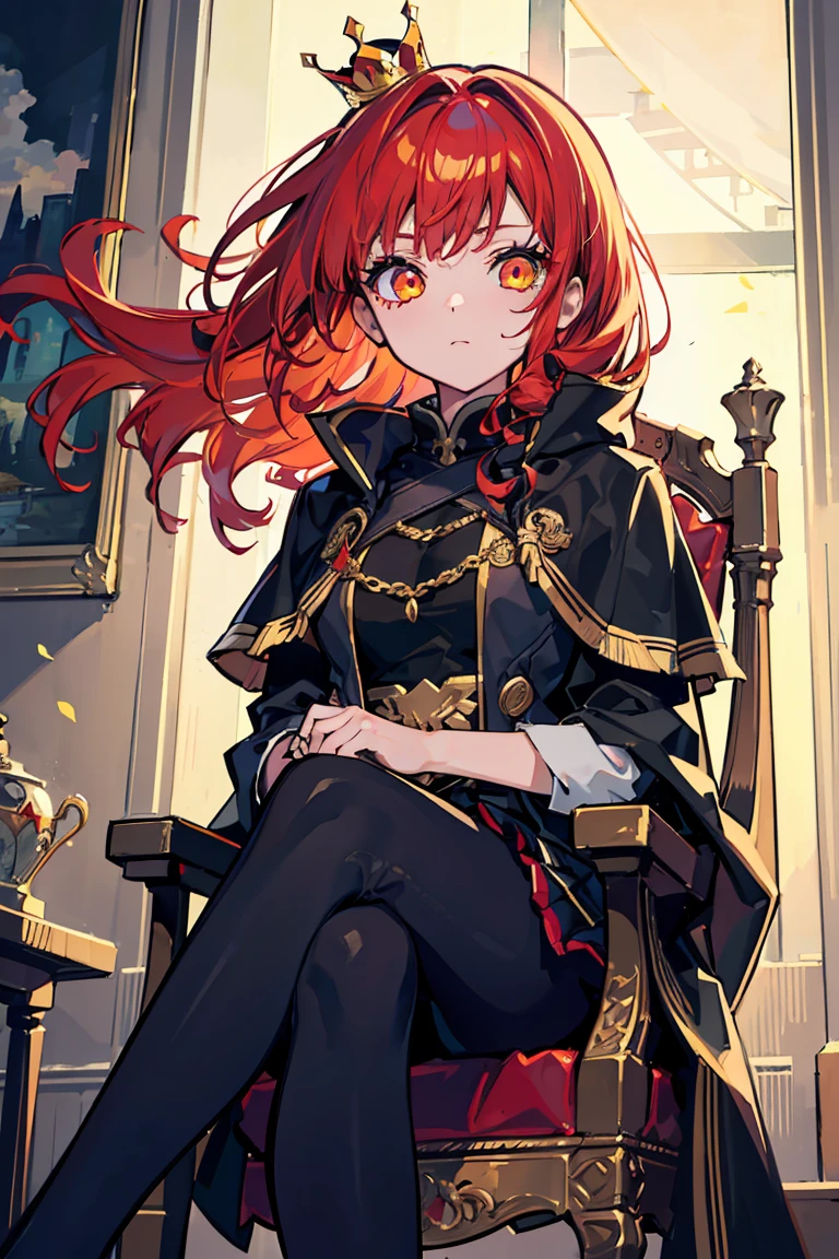 ((1 girl)), (Detailed and clear face) ,cool woman,Rough poses, crown, cloak, throne,(sit), Queen, King, Large sword, cross your legs, new, victory, royal palace, (cowboy shot),((Super detailed,highest quality, High resolution, 8k wallpaper, 美new服,)),((Fiery red hair, long hair,curly hair)), blown by the wind, eye shadow, eyeliner,Glow eye, reflected lightの美new目, ((Glowing golden eyes)), 18 year old girl,five fingers,eye shadow, eyeliner,Glow eye, 16 year old girl, romanticism, modern art, Impressionism, reflected light, 8K, masterpiece, advanced details, highest quality, accurate anatomy, five fingers