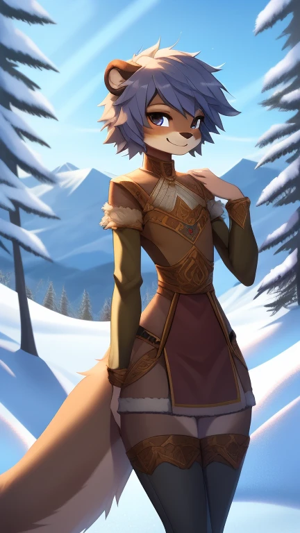 Best quality, Super detailed illustration, (fluffy otter boy:1.4) , feminine face and body, disheveled thick hair, warm clothes of the northern peoples, smug smile, against the backdrop of a winter forest and high snowy mountains ,femboy ,small waist, wide hips, slim, perfect body, DND style