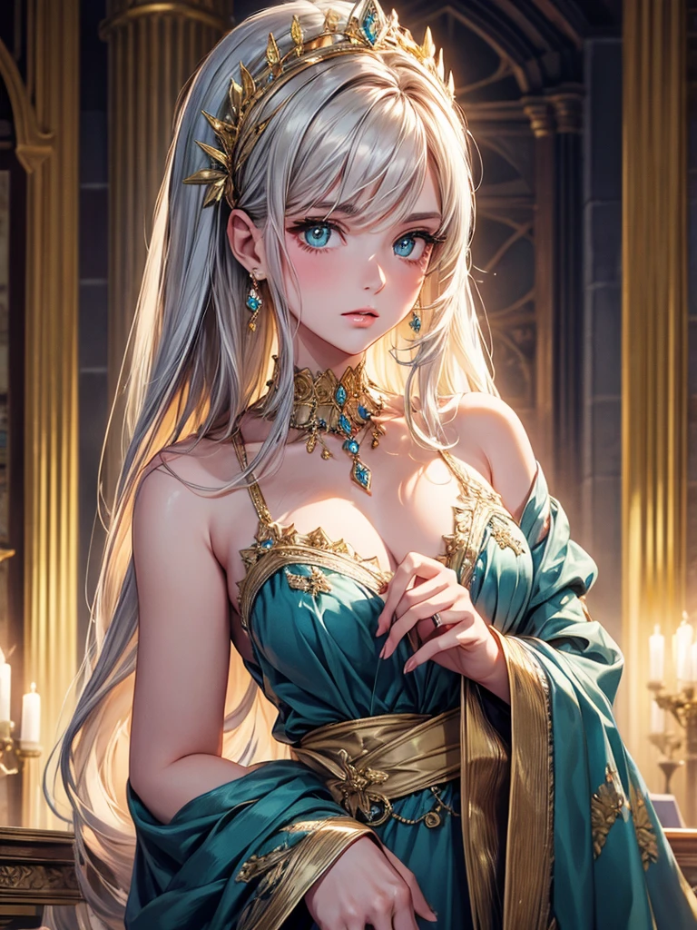 (best quality, high resolution, masterpiece:1.2), Super detailed, Beautiful and delicate lake green eyes, Beautiful and delicate lips, extremely detailed face, super long hair, 1 girl, royal members, Beautiful girl with golden beige hair, (Wearing a royal blue royal costume), see-through chiffon platinum shawl, (gold ornaments), golden and silver pattern, (light blue pattern), (complex pattern:0.5), Lovely, attractive, portrait, delicate eyes, Luminous earrings, Reflective pupil, royal clothing design, see-through detail clothing design, (empty:0.7), chiffon, (see-through chiffon), (lace:0.7), black gloves, Diamond choker, Diamond ring, Diamond hairpin, medieval european castle, Super high quality skin, Real skin texture, super high detail, anime, Realism, 8K, UHD, ccurate