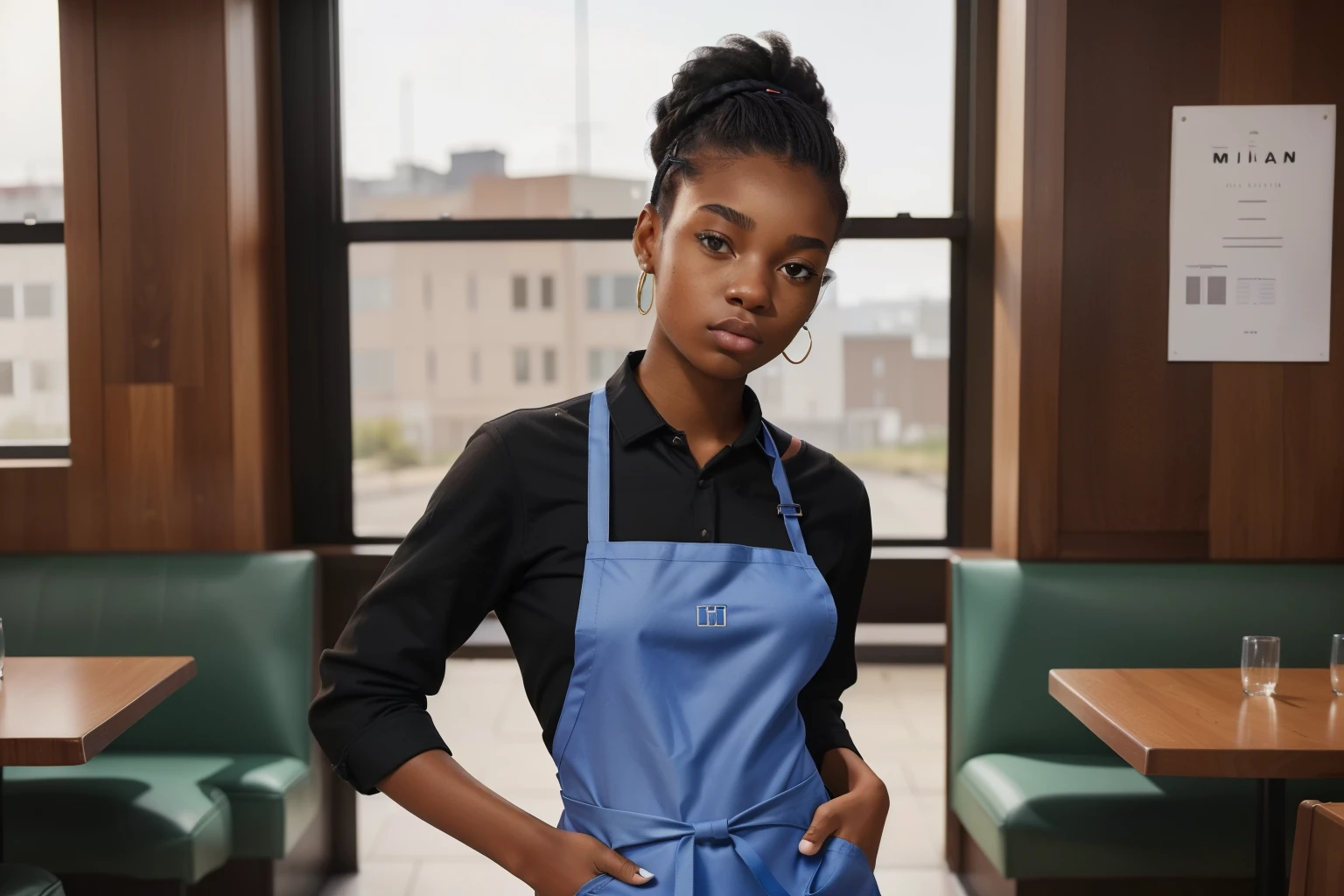 Milnrow, 2023. A young ((((19-year-old)) Maia Allen)), black girl, skinny, waitress in a restaurant, ((intimidated expression)), ((((clothings from the 2020s, waitress uniform)))), ((hairstyle of the 2020s))