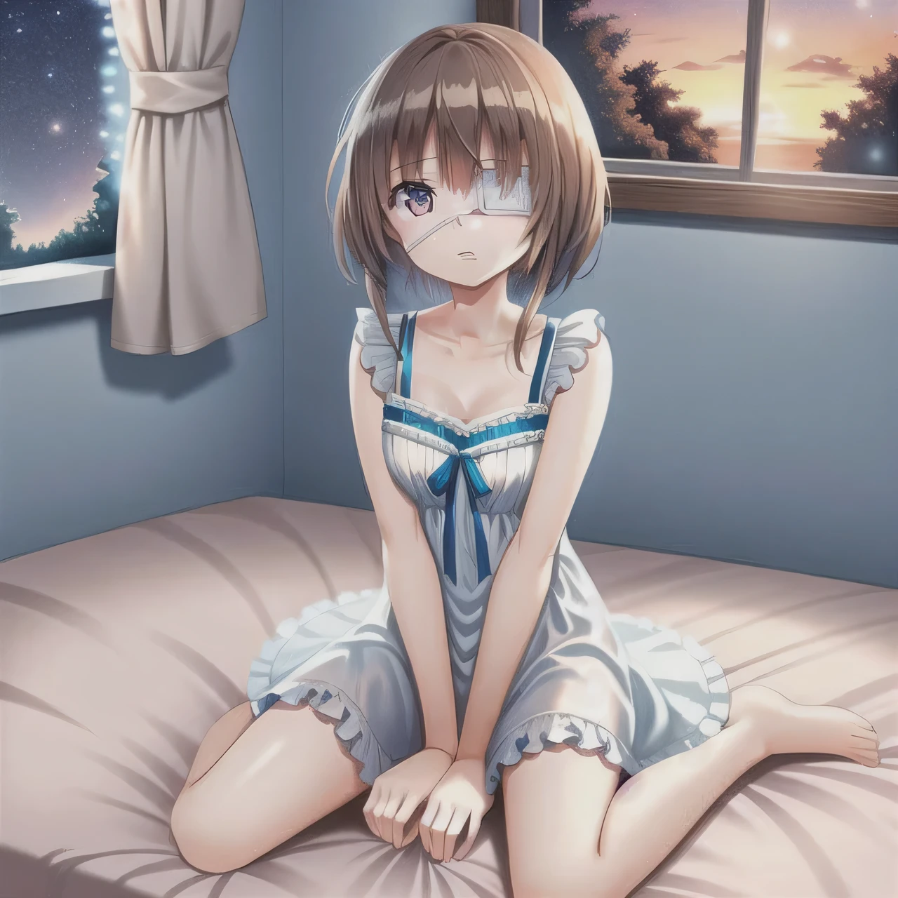 1 girl and (short brown hair) and (blue eyes:1.3) and (medical eyepatch:1.3) (Wariza on bed inside detailed bedroom:1.1) wearing (White frilly cleavage dress:1.0), (full body:1.3), (starry sky and sunset outside windows:1.3), (short hair:1.2), (Wariza:1.2)
{{masterpiece}}, {最high quality, super fine figure}, Dense hair,  beautiful eyes,{very delicate light, perfect and delicate limbs}, { fine luminescence ,very fine 8K cg wallpaper}, an extremely delicate and beautiful girl, (Staring blankly, nice big eyes), Dense and beautiful eyes, (disorganized, incredibly disorganized, figure, Super detailed),
alone, high quality, cg, wallpaper, anime girl,  fine hair, (very fine hair), (beautiful eyes), 
1 girl and (short brown hair:1) and (blue eyes:1) and (medical eyepatch:1.1) (Wariza on bed inside detailed bedroom:1.1) wearing (White frilly cleavage dress:1.0), (full body:1.1), (starry sky and sunset outside windows:1.0), (Wariza:1.4)