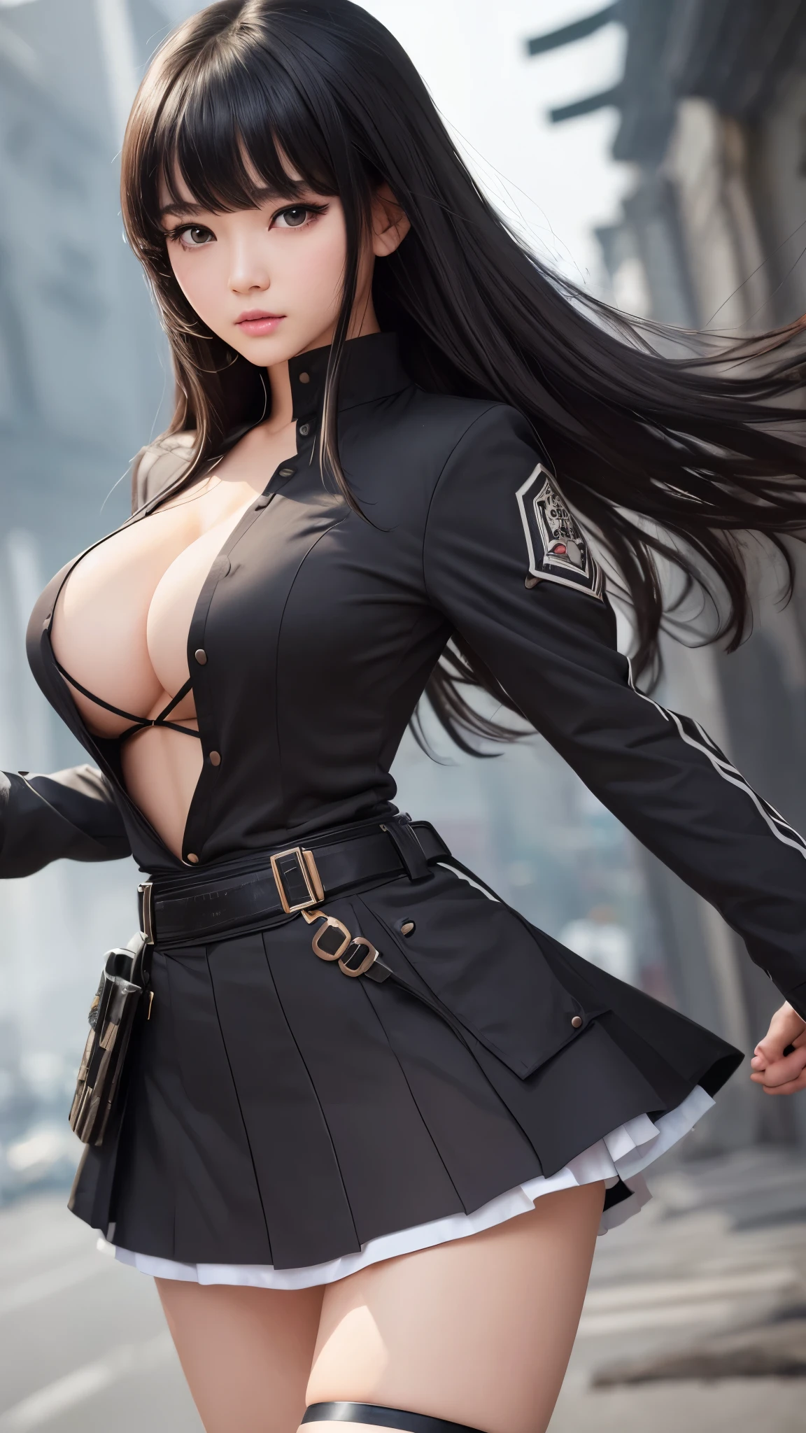((highest quality)), ((8k), (detailed face), (highlight), girl、cleavage、Asian、bangs、black hair、skirt、combat uniform、white、