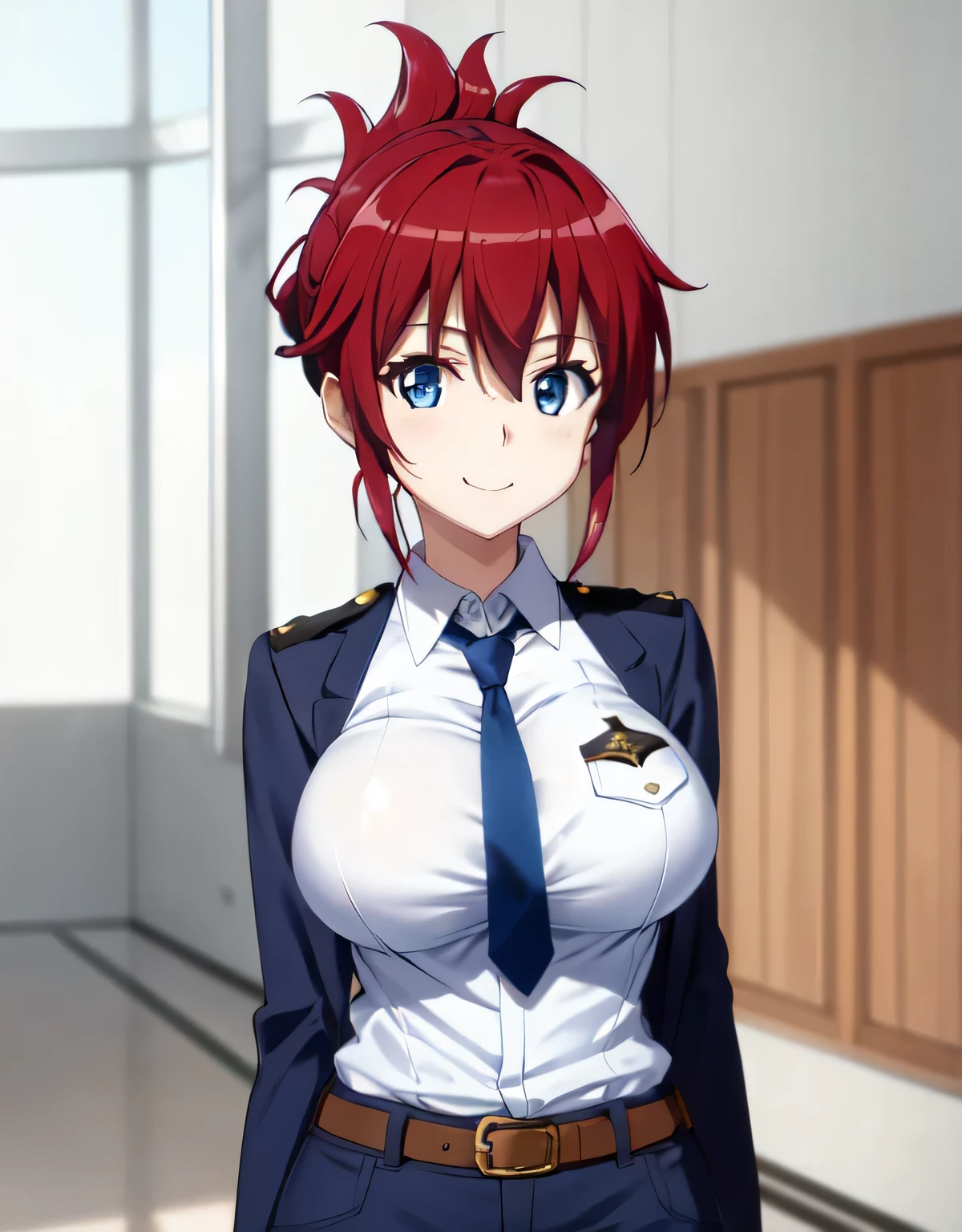 sakurai aoi rw,smile,(blue eyes),red hair,medium hair,folded ponytail,(open clothes:1.2),police uniform,blue jacket,collared shirt,green necktie,pencil skirt,blue skirt,belt,indoor arena,(large breasts:1.5),(shiny,hair),((solo)),((masterpiece)),((best quality)),perfect anatomy,slim waist,perfect image,8k UHD,(beautiful detailed eyes:1.5),extremely detailed face,standing,(upper body:1.1),(look at the front:1.3),arms behindback,ultra-detailed,absurdres,highres,