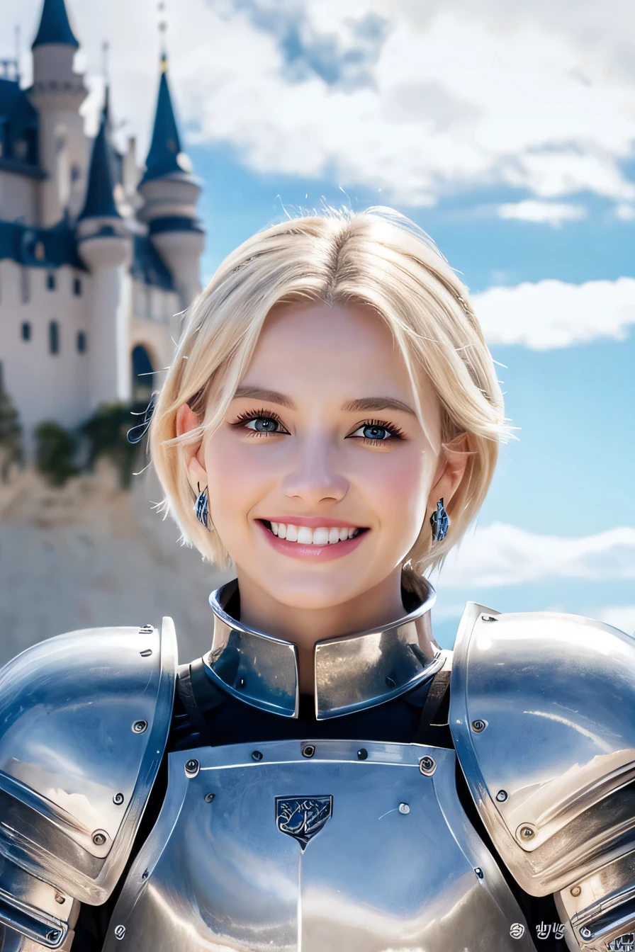８Ｋ、highest quality、female knight、The background is a castle、Luxurious Silver Armor、heavy equipment、hairstyle short cut、smile、beautiful teeth、full body photo、ear piercing、white woman、blonde hair、blue eyes、Gummy Smile、The background is a cloudy sky、heavy makeup
