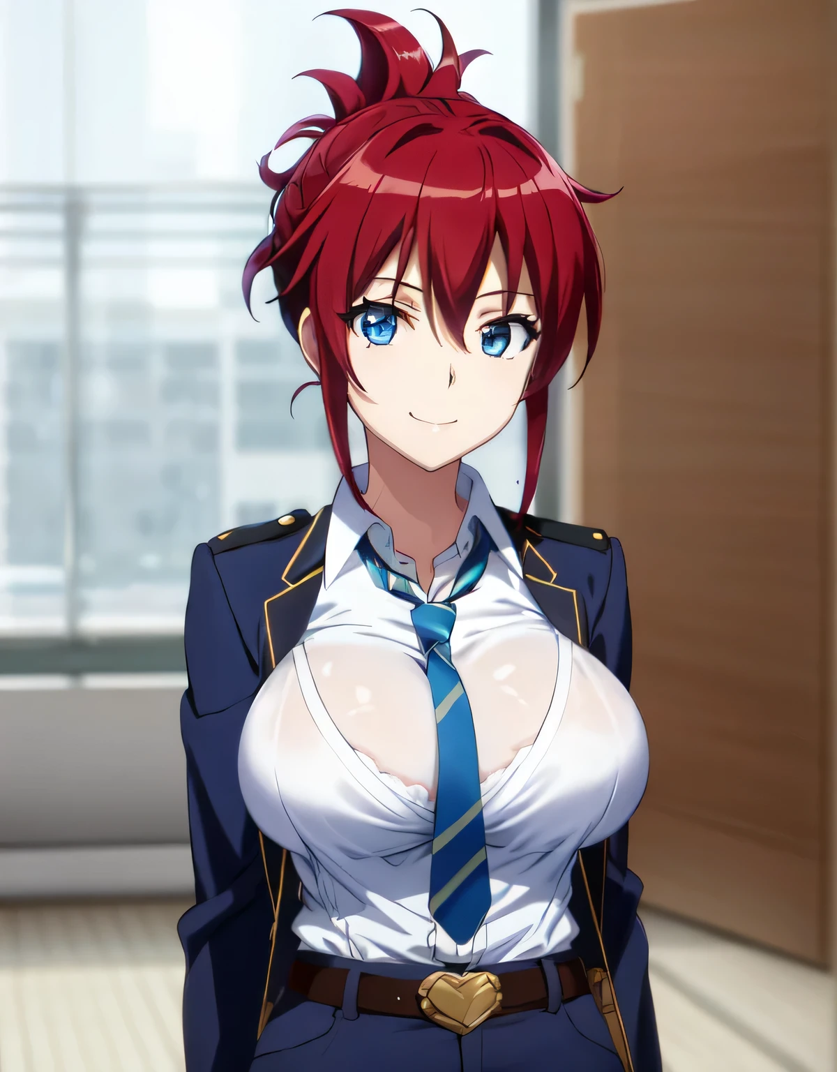 sakurai aoi rw,smile,(blue eyes),red hair,medium hair,folded ponytail,(open clothes:1.2),police uniform,blue jacket,collared shirt,green necktie,pencil skirt,blue skirt,belt,indoor arena,(large breasts:1.5),(shiny,hair),((solo)),((masterpiece)),((best quality)),perfect anatomy,slim waist,perfect image,8k UHD,(beautiful detailed eyes:1.5),extremely detailed face,standing,(upper body:1.1),(look at the front:1.3),arms behindback,ultra-detailed,absurdres,highres,