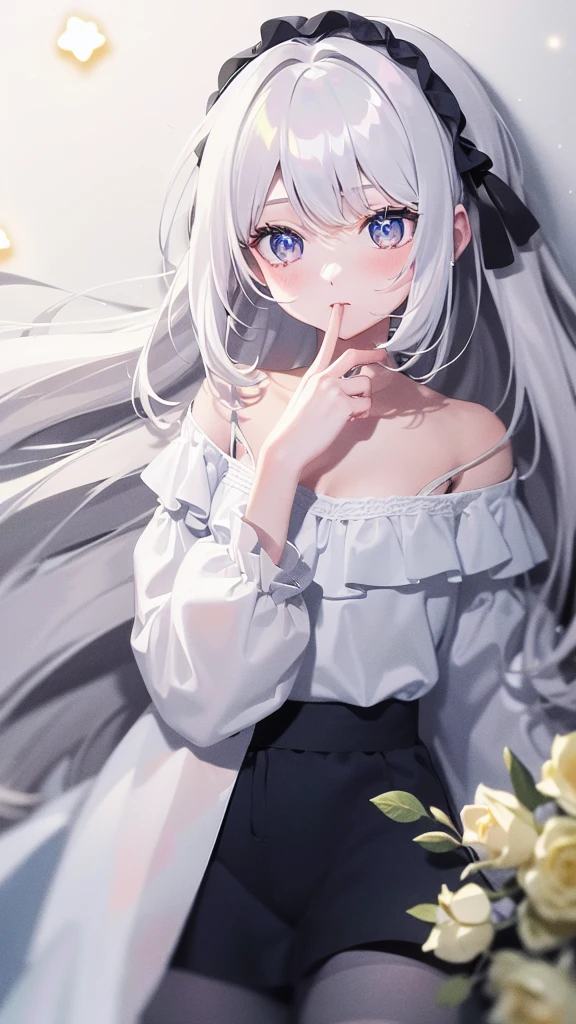 ((masterpiece, best quality))++, Detail lights+,  detail hair+, Detail hand+ ,1 girl, Honey, long gray hair,   dark blue eyes,  beautiful eyes, Young gray hair,,(beautiful white hair:1.5),(beautiful eyes),    high resolution+,   black stockings  ， a white pajamas, Glass tones, Reflective eyeanyery detail wallpaper, The original, ,Headband ，Nature，White rose，A girl under the stars，Beautiful aurora