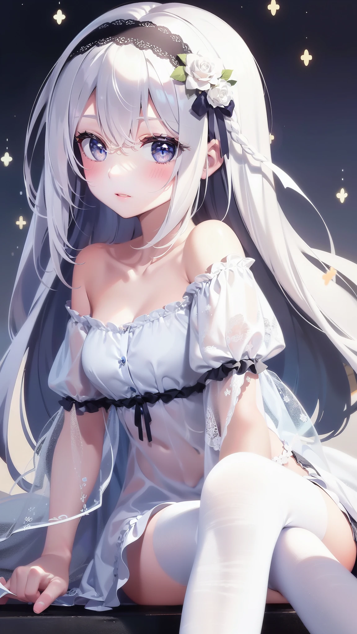 White cat ears,Blue Eyes,white panty,Blushing,white blassire