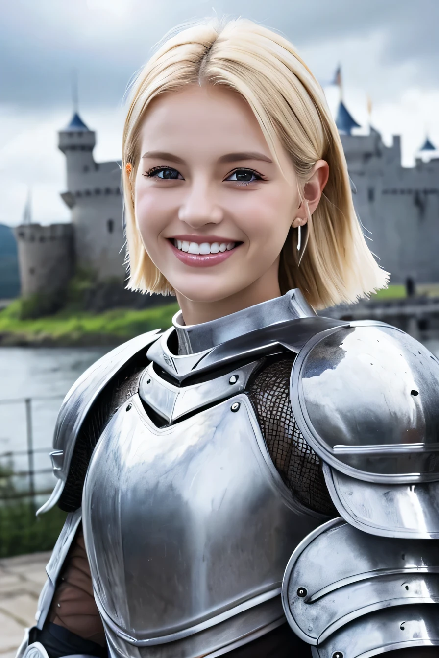 Ｋ、highest quality、female knight、The background is a castle、Luxurious Silver Armor、heavy equipment、hairstyle short cut、smile、beautiful teeth、full body photo、ear piercing、white woman、blonde hair、blue eyes、Gummy Smile、The background is a cloudy sky、heavy makeup