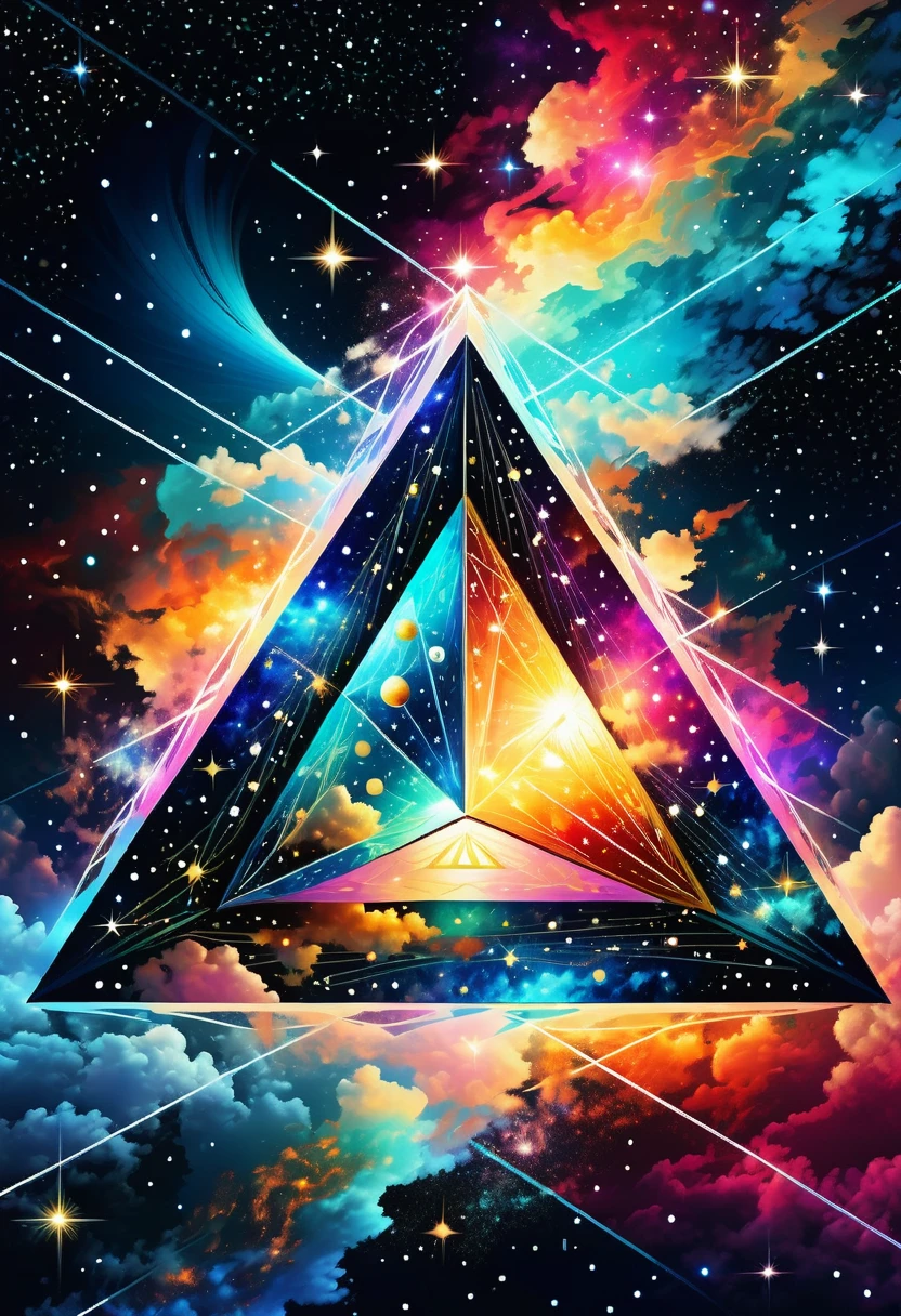Huge triangle，Magnificent cosmic starry sky background，Intricate illustration in surreal art style，surreal dream，Dubrec style，Transparent geometric shape close-up，（multiple exposure：1.8），