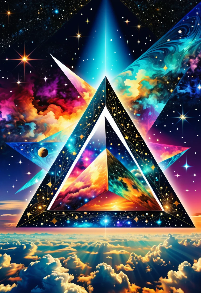 Huge triangle,Magnificent cosmic starry sky background,Intricate illustration in surreal art style,surreal dream,Dubrec style,Transparent geometric shape close-up,(multiple exposure:1.8),