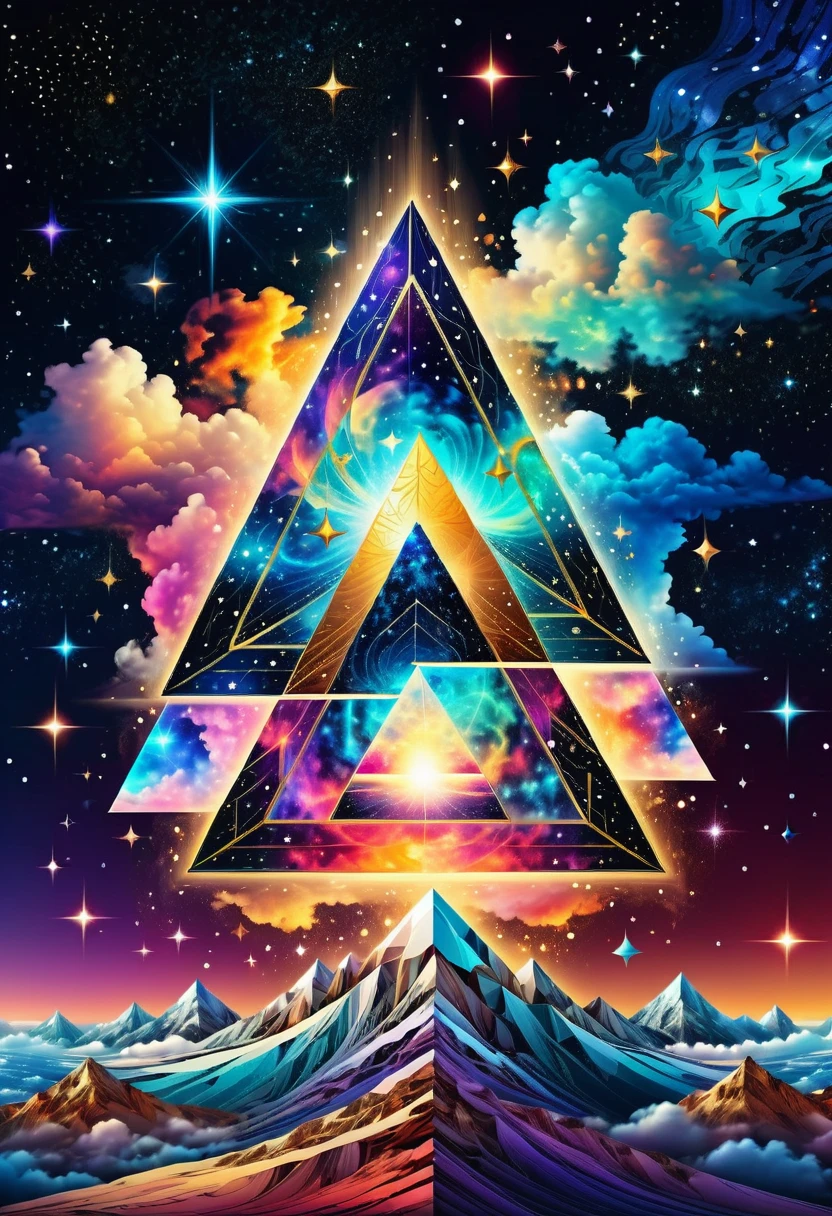 Huge triangle，Magnificent cosmic starry sky background，Intricate illustration in surreal art style，surreal dream，Dubrec style，Transparent geometric shape close-up，（multiple exposure：1.8），