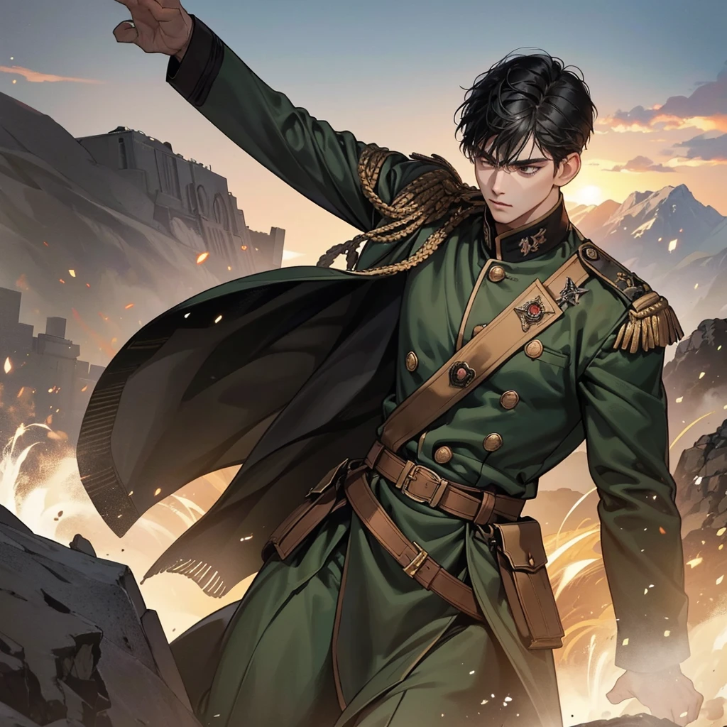 a black hair general men commands his army to declare the war, (masterpiece), best quality, detailed scenery, commanding pose, general military uniform, declare the war,detailed(light and shadow), modern soldier, battlefield, battlefield scenery, war, war scenery, light effects, dust, (army npc), expanding landscape photography, dramatic lighting , stand to command his army 